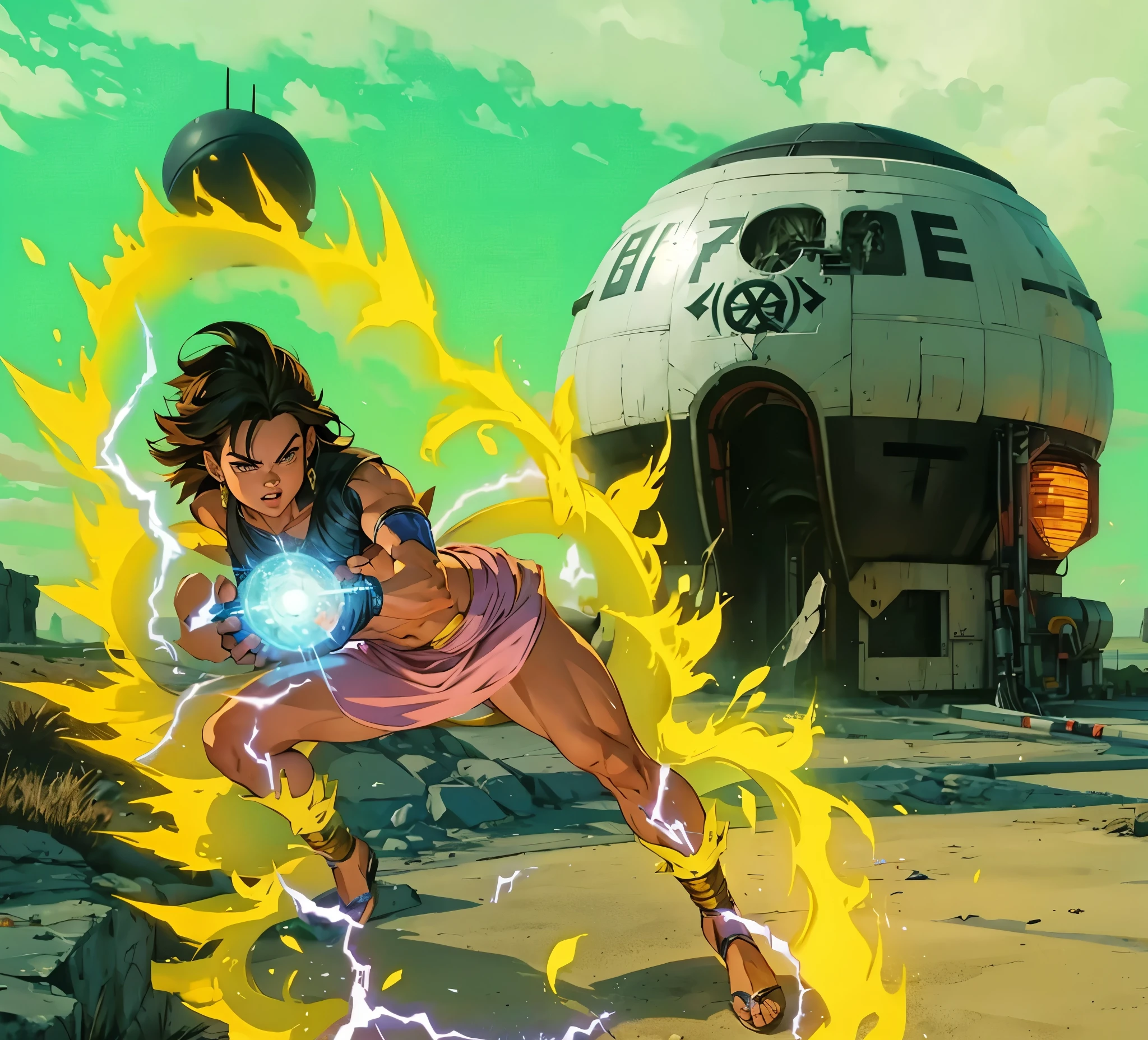 Uma , with power in your hands, energia em volta do corpo, Dragon Ball Z, extremamente realista, Goku ao fundo, nave ao fundo