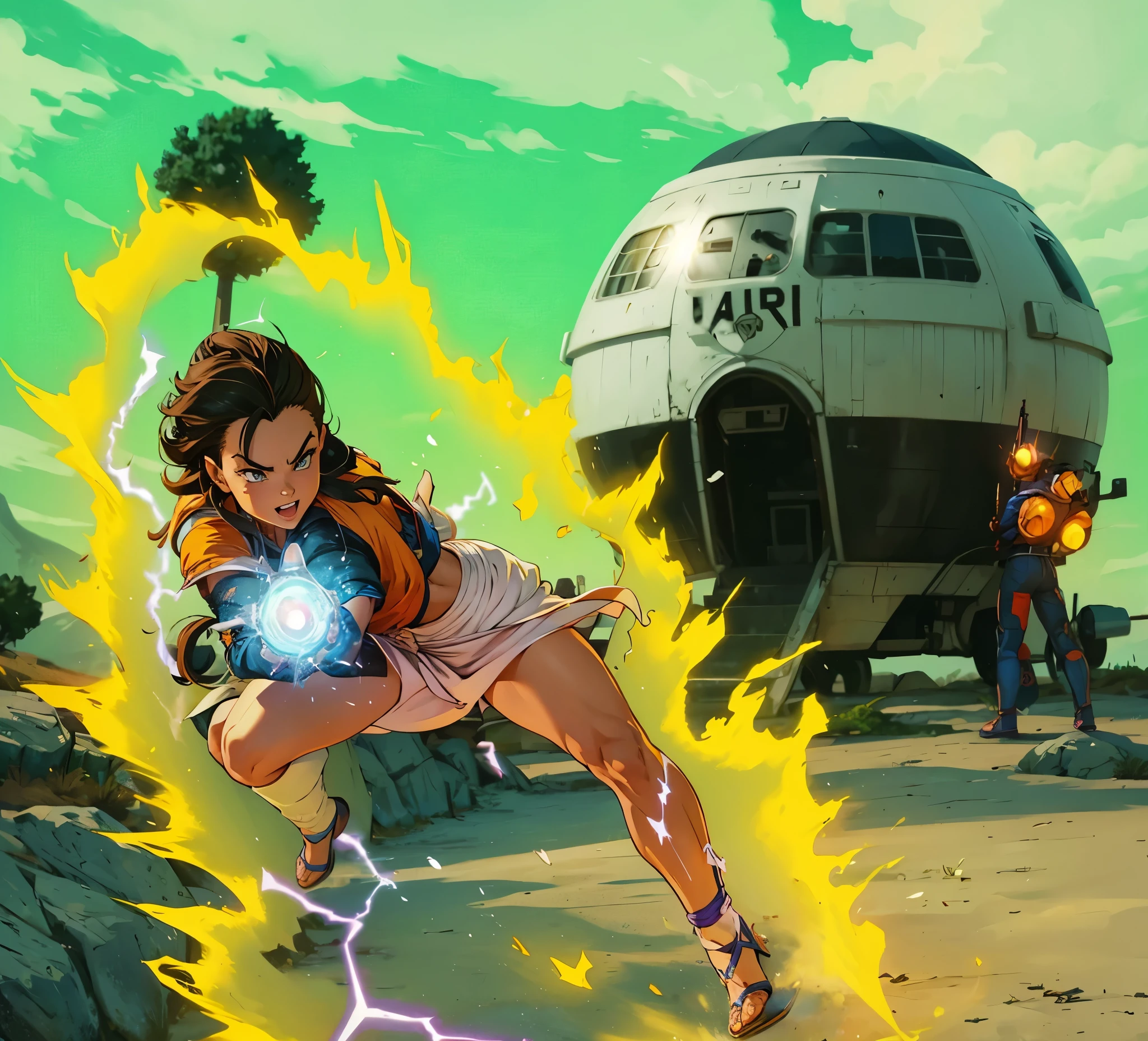 Uma , with power in your hands, energia em volta do corpo, Dragon Ball Z, extremamente realista, Goku ao fundo, nave ao fundo