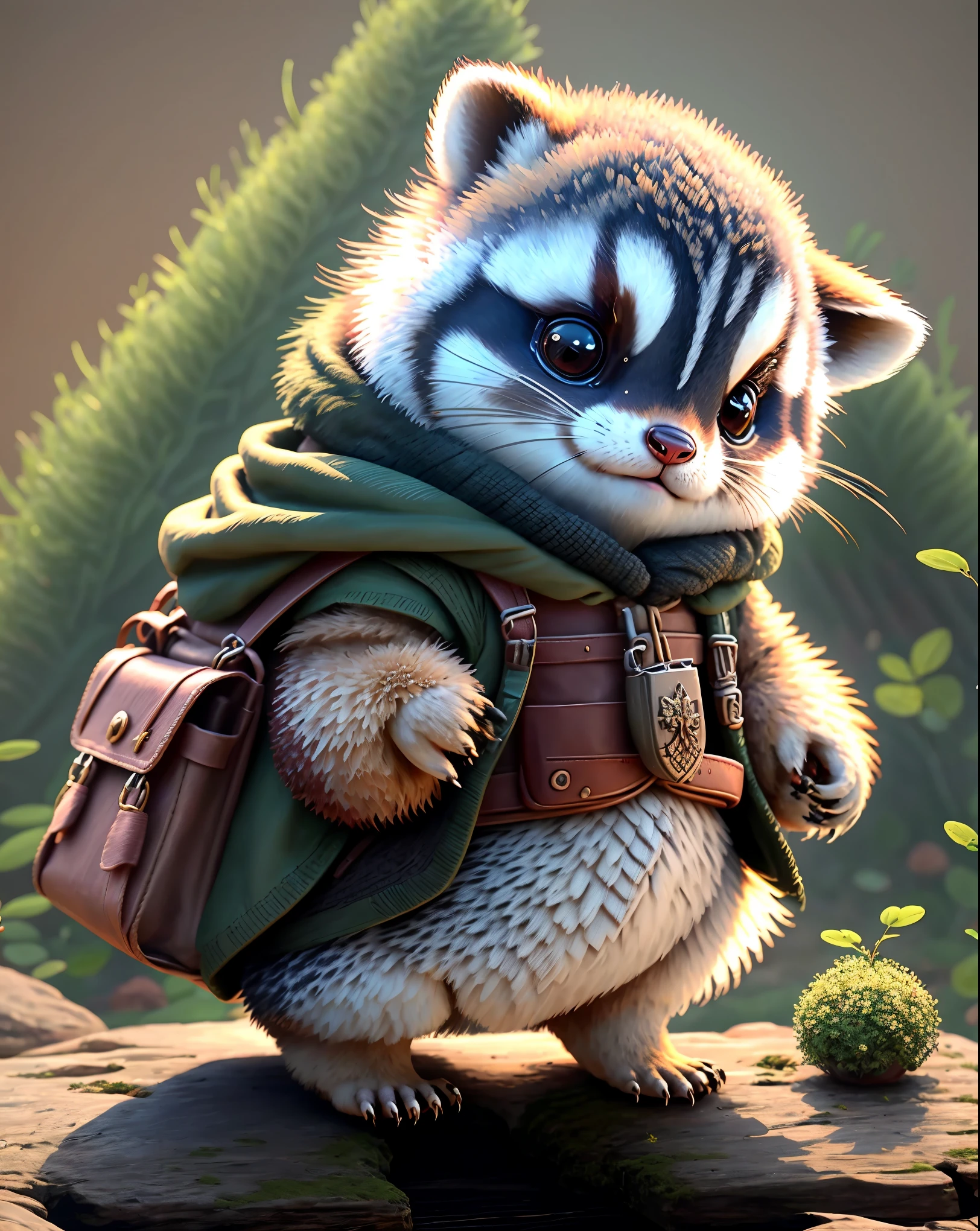 best image quality、"With inspired and highly detailed concept art、Create cute creature masterpieces. Let your imagination come alive", （raccoon）, high detail, In 8K、best image quality、Dressed as a hunter in medieval Europe、Carrying a bow and arrow and a bow holder on your back、