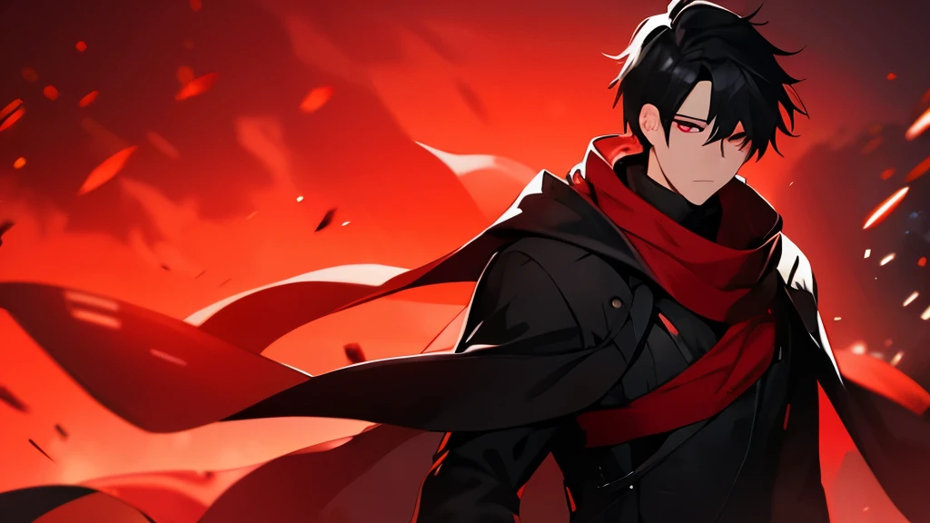 a male with a black hair and black and red outfit and in a black and red background, (1male:0.872), (black hair:0.758), (blurry:0.926), (blurry background:0.703), (red eyes:0.562), (depth of field:0.625), (one side cover hair:0.855), (outdoors:0.541), (red scarf:0.989), (night:0.925), (solo:0.886), (upper body:0.683)