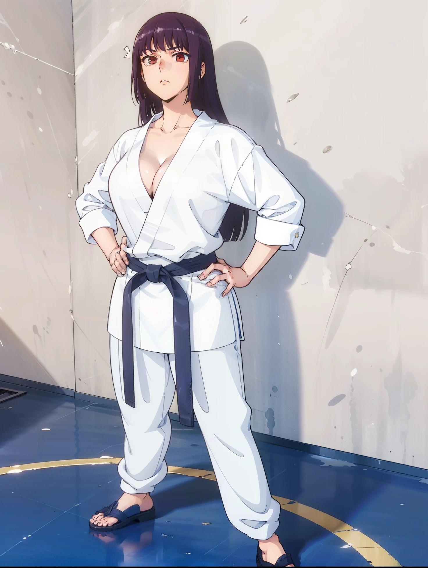 1girl, a pretty girl in a karate practice room, with a karate uniform, judo, sana sunomiya, long hair, masterpiece, big tits, cleavage, full body, barefoot, Long hair, red eyes, Combat Pose, from Above, martial art, stunning body
