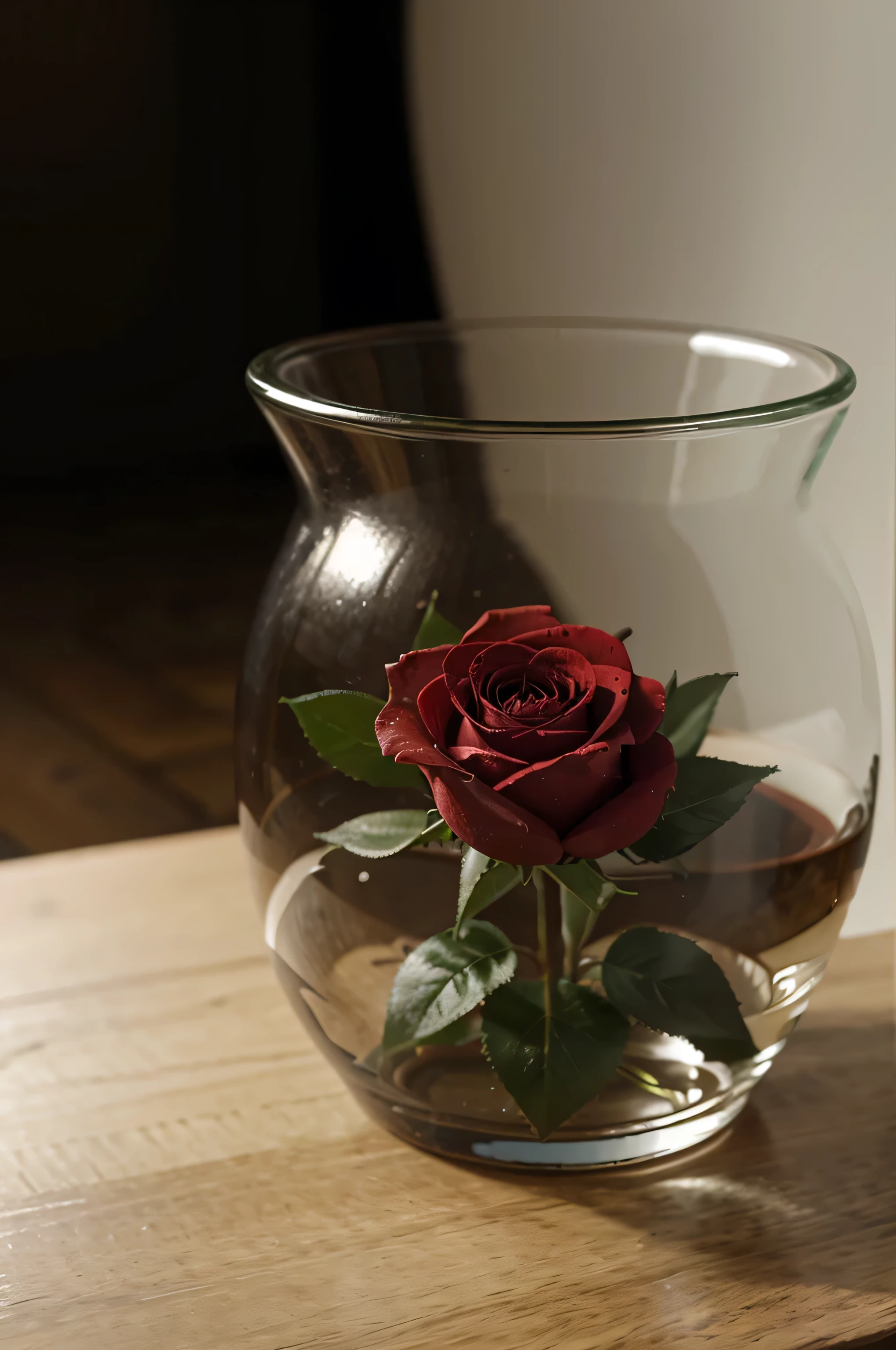 Una rosa roja, cerrado, aterciopelado, con un tallo de lago, con dos hojas verdes, dew drops, In a glass vase, delgado transparente, Fondo, difundido,