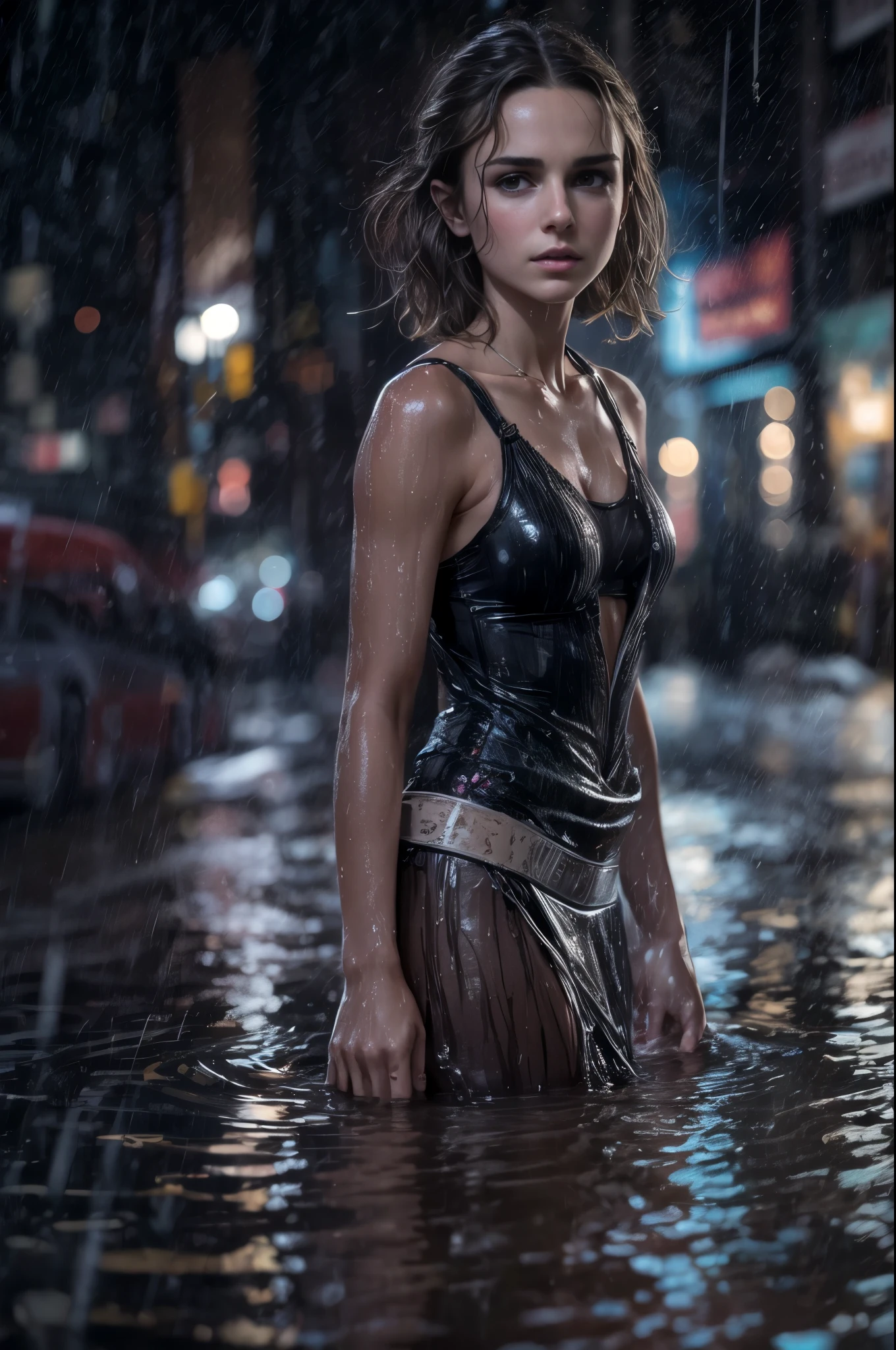 (Nathalie Portman), Ultra realistic photography, ultra detailed 8k, sharp photography, wide angle, full body, in an overflooded manhattan street at night, thunders, small american brunette, hazel eyes 14 years old, slender body, wet body, very detailed face, escaping, frightened, apocalyptic vibes