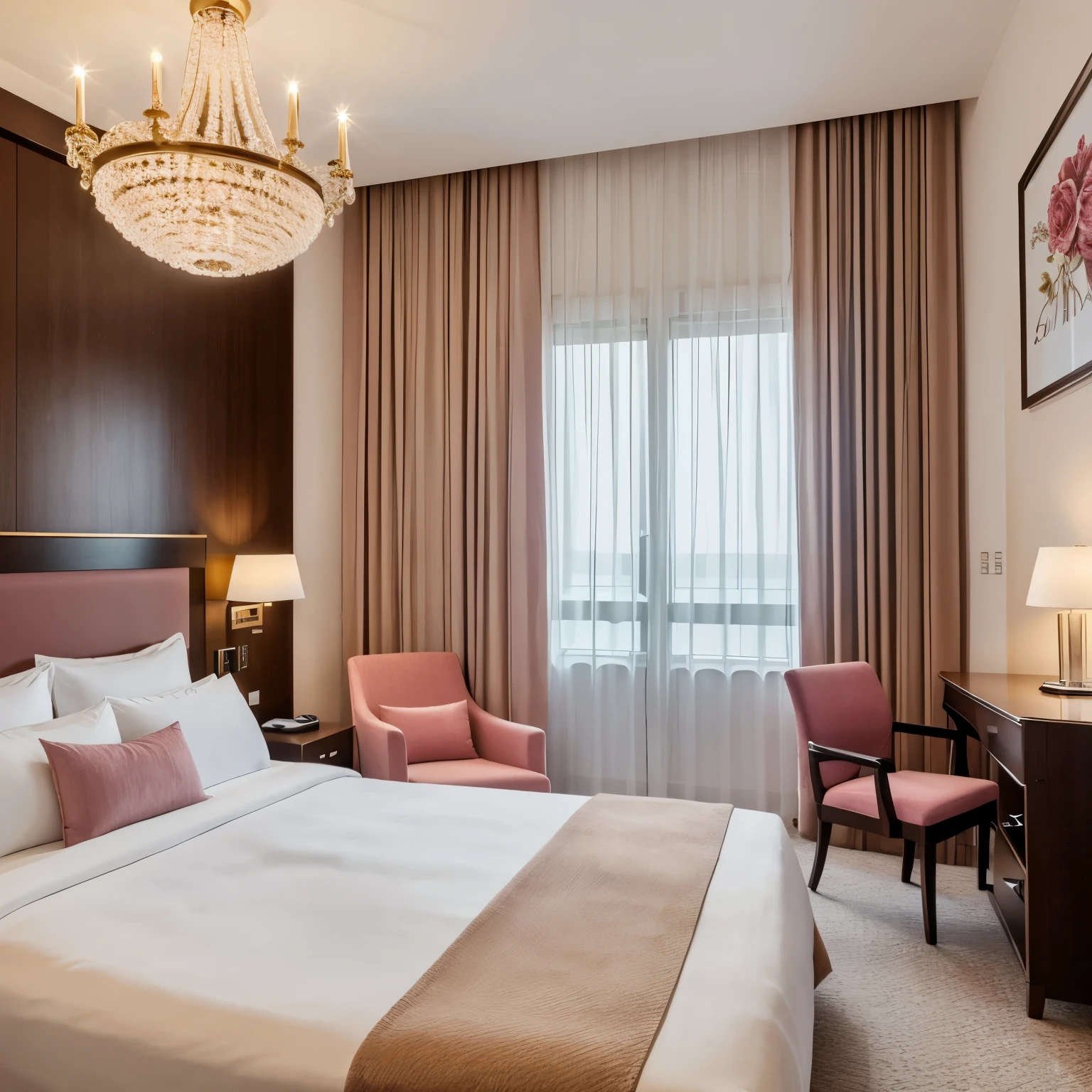 Romantic hotel room, Vakentines Day interior, cozy, luxury, romantic, modern design 2024, 5 star hotel in Monaco, modern art picture in the wall, pink roses boquet, calm, relaxation