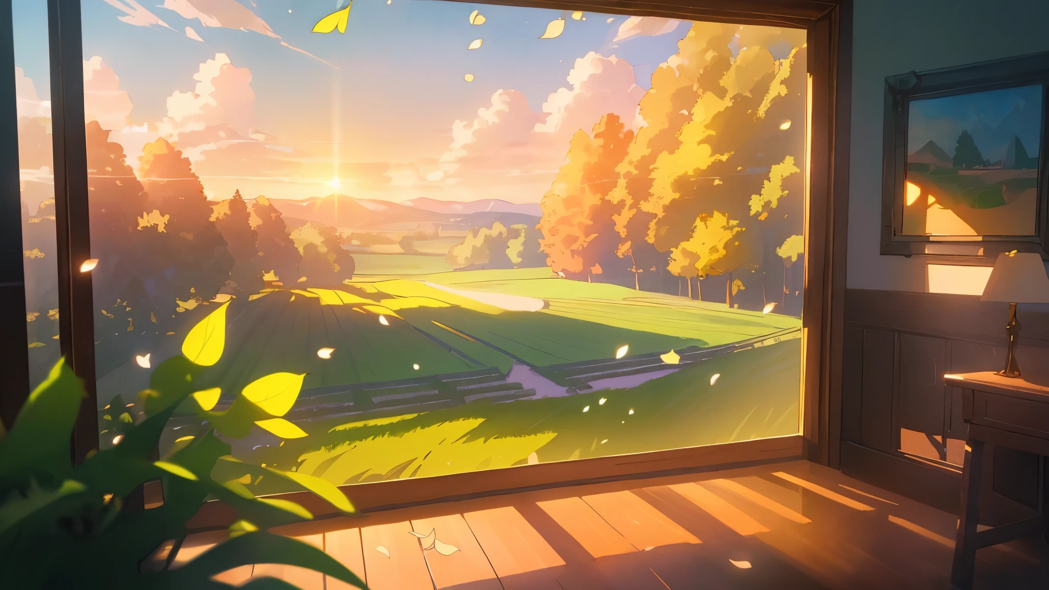 masterpiece, best quality, (Very detailed CG Unity 8k wallpaper) (best quality), (Best Illustration), (Best shadows) nature&#39, cozy room, sunset, The scenery outside the window, country style，pastoral scene, Delicate leaves and petals falling in the sky with ray tracing, Super detailed
