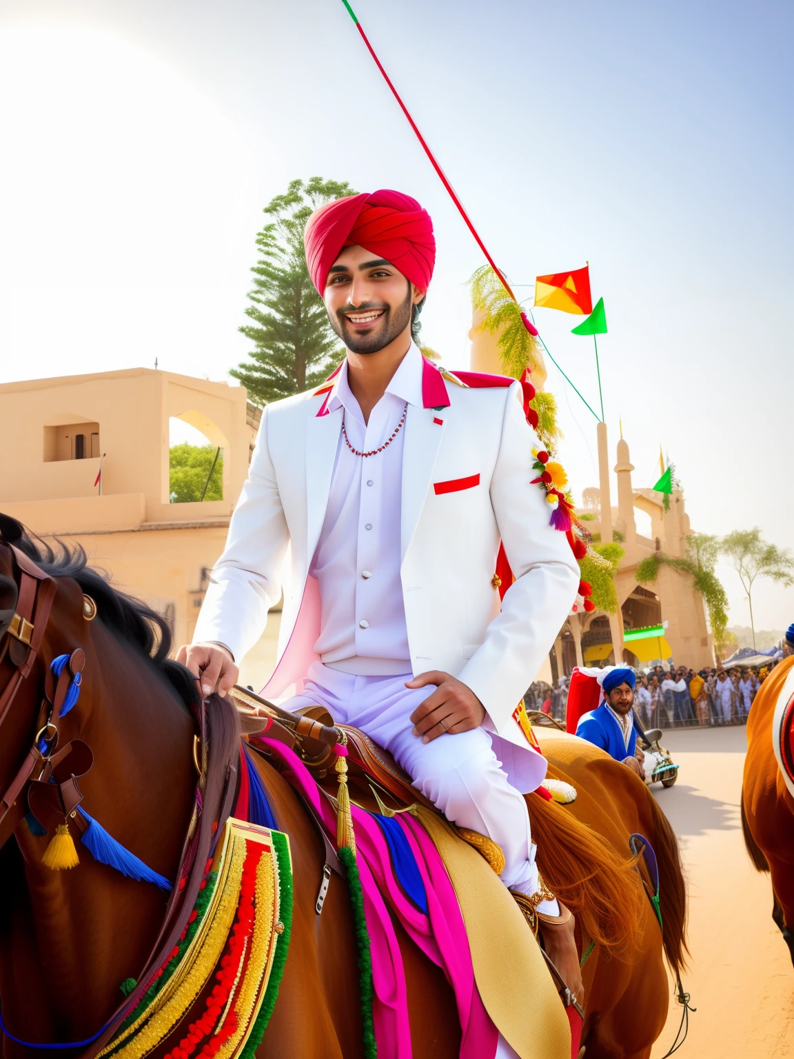 smiling man in turban riding a horse in a parade, dressed in a jodhpuri suit, wearing traditional garb, man in horse costume, with horse driven, handsome man, on a horse, horse rider, a handsome, groom, beautiful man, riding horse, with a happy expression, * colour splash *, stylish deity, profile shot, very handsome