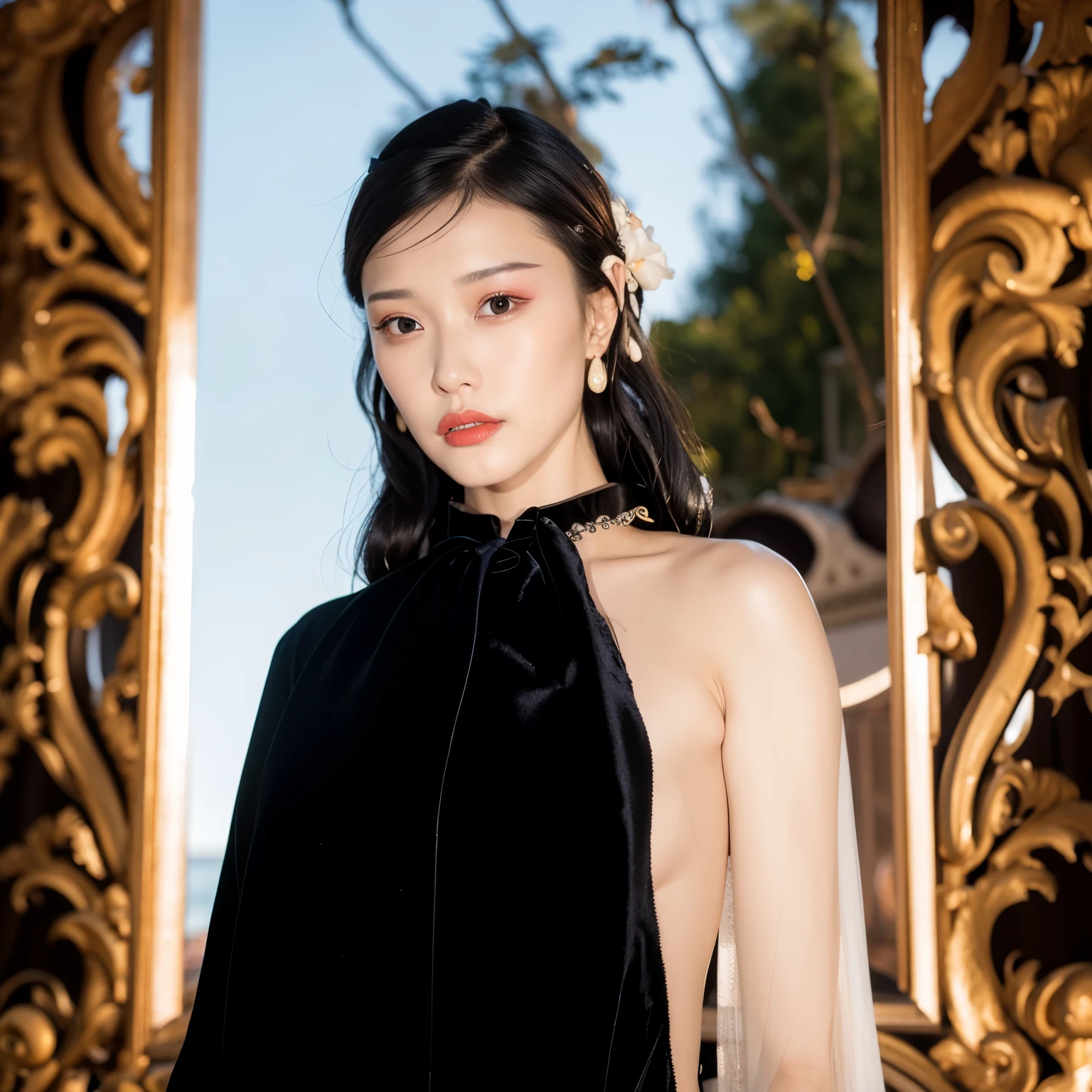 Alafid woman wearing black velvet dress and blue tie, lulu chen, Kiko Mizuhara, from me, mingchen shen, Lu Ji, sha xi, Jia, li zixin, Jingna Zhang, Xintong Chen, Valentino official editorial, Wu Liu, strict, zezhou chen, Fan Bingbing, wei wang, Jiama Chan, Cai Xukun
