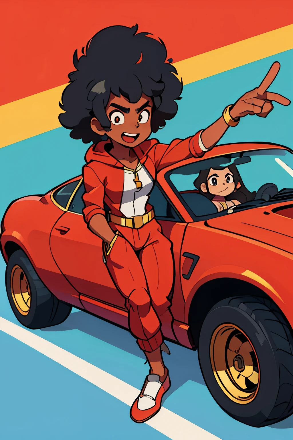 Speed racer, African American, male, big Afro, driving the mach 5, car white and red, M on the hood of car, gold chain, red white and blue jumpsuit