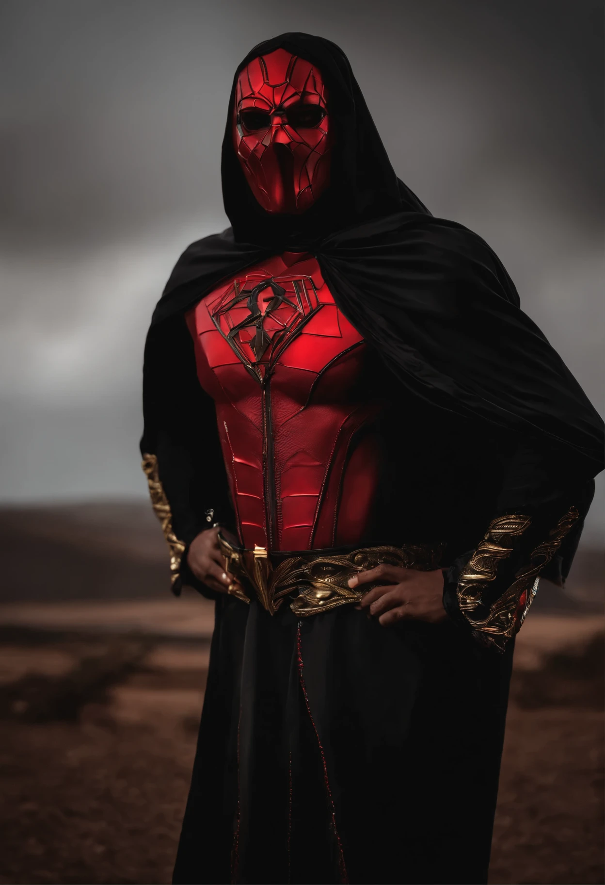 Homem vestindo um grande capuz preto usando uma mascara dourada e uma aura vermelha em volta do corpo