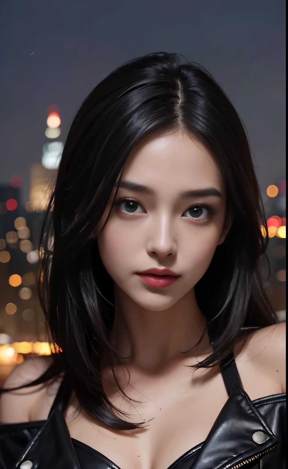 (highest quality, 8k, masterpiece: 1.3), (ultra real), (shape), (High resolution), (8k), (very detailed), (Best shape), (detailed and beautiful eyes), (highest quality), (Super detailed), (masterpiece), (wallpaper), (detailed face), smile, Pure&sweet, (exaggerated long black hair), Highly detailed face and Skin, city roof roof, 1 girl, Tight leather jacket, Female Agent, night, starry sky, moonlight, smooth shoulders, sexy clavicle, edge lighting, Backlight, movie, full body photo