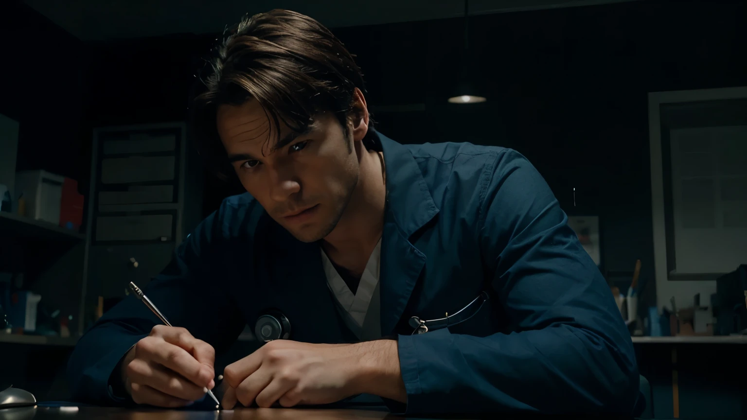 generate ultra realistic male doctor with sitting on the work table in the dark room looking in the camera and talking