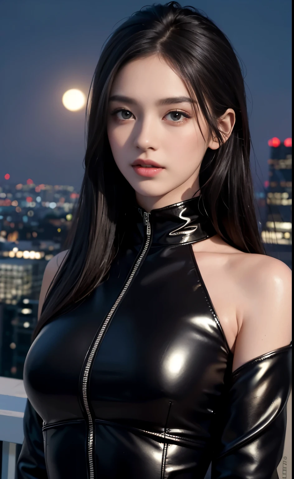 (highest quality, 8k, masterpiece: 1.3), (ultra real), (shape), (High resolution), (8k), (very detailed), (Best shape), (detailed and beautiful eyes), (highest quality), (Super detailed), (masterpiece), (wallpaper), (detailed face), smile, Pure&sweet, (exaggerated long black hair), Highly detailed face and Skin, city roof roof, 1 girl, Tight leather jacket, Female Agent, night, starry sky, moonlight, smooth shoulders, sexy clavicle, edge lighting, Backlight, movie, full body photo