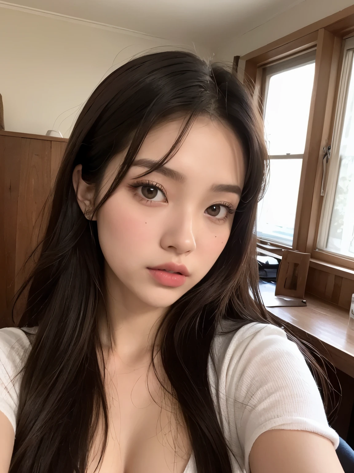 Kim Jennie de blackpink con el cabello rubio claro, cabello rubio con ondulado, cabello de color rubio ondulado, with small fringe, ojos color negro, nariz respingada y bonita, labios gruesos, cupid and heart shaped lips, labios rosas, pale and white skin, piel bonita y suave, con pecas y lunares, cejas bonitas, marked and beautiful collarbone, mientras tiene un polo con rosas color rojo tinto, rojo oscuro, con ropa interior femenina, abdomen delgado y bonito, escote desnudo, (pechos grandes, pechos suaves, pechos naturales, escote desnudo), mientras agarra una rosa, looking to the camera, selfie