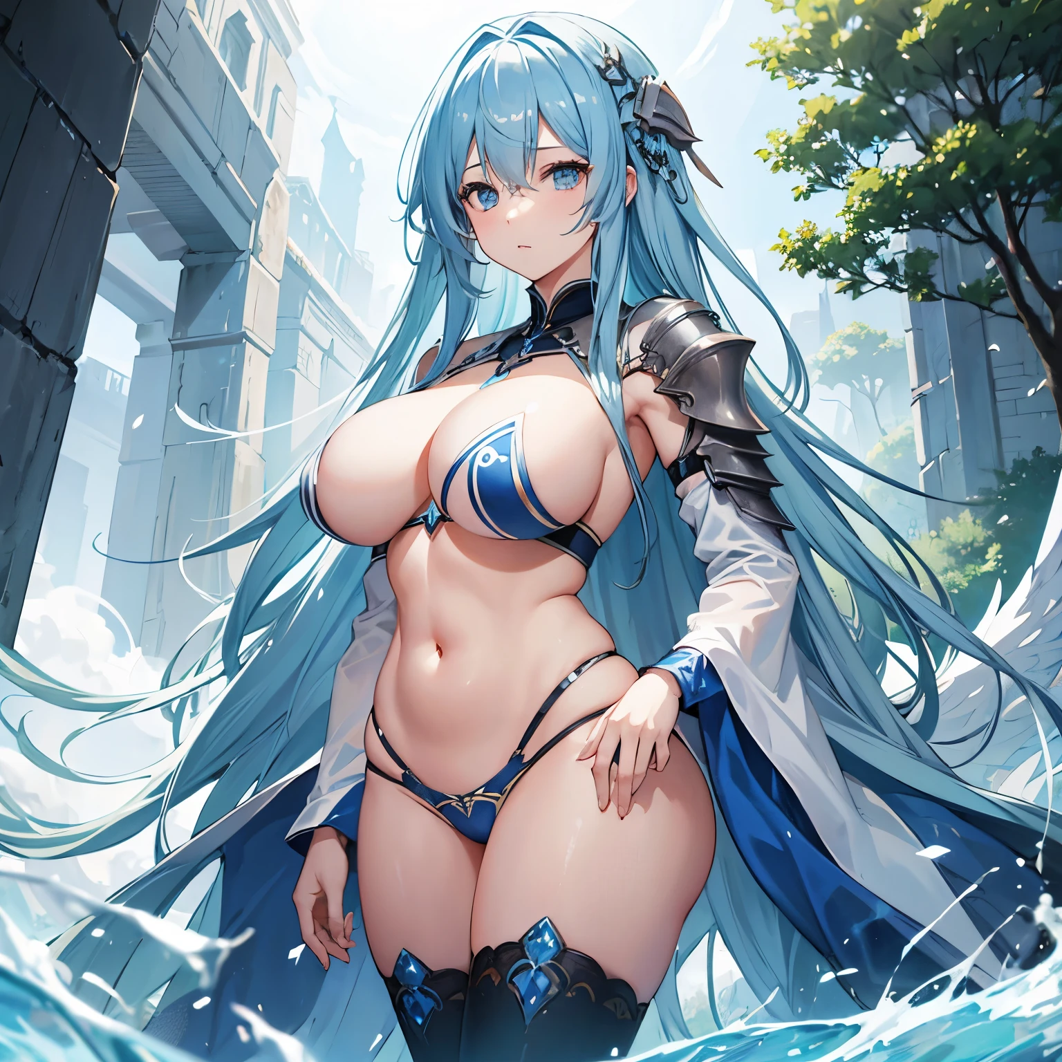 long sky blue hair、big breasts、knight、naked、sharp eyes、gentle expression、Plump
