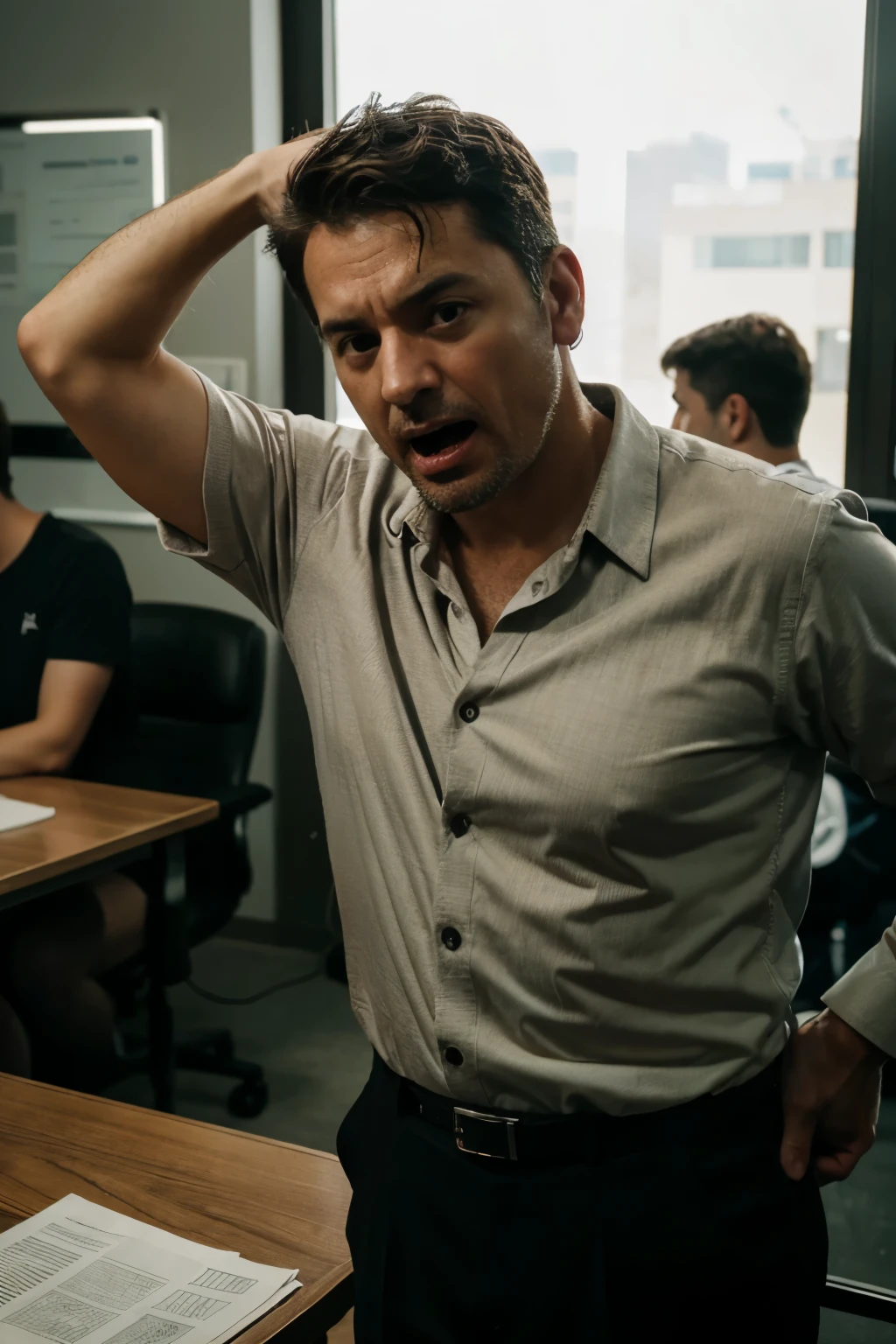 40-year-old man with a lot of anger. Standing biting his hand with his eyes wide open and drooling. In a businessman's office with people in the background looking desperate and amazed. The style is a realistic photograph taken in daylight using a 15mm 4k lens, super detailed, with direct betta lighting.--ar 9:16--v 6.0