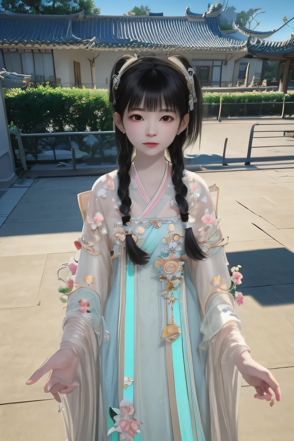 Q version of the girl,delicate face,charming smile,healthy,fantasy,complicated,grace,HD,She wears white Hanfu,There are red decorations and patterns on it。Her hair is tied into two braids,Each braid is tied with red tassels。She looks surprised or confused,mouth slightly open,eyes wide open