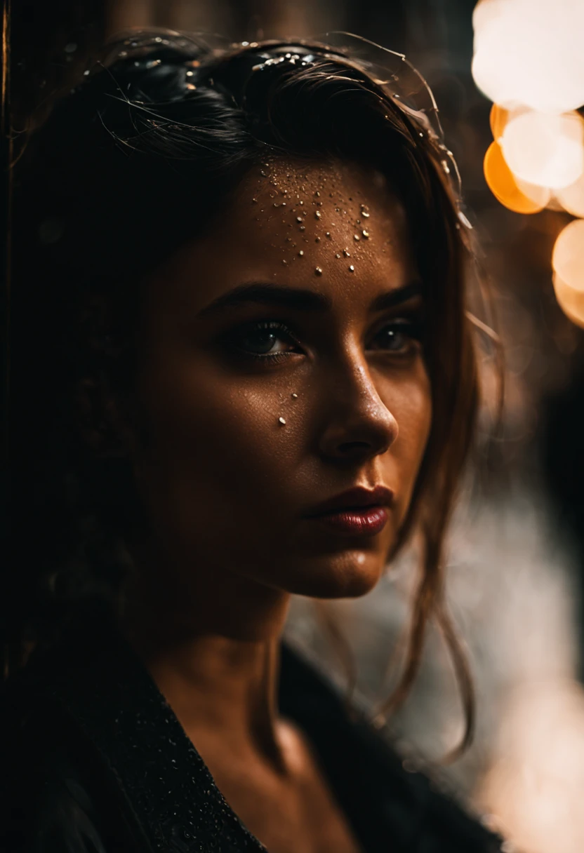 cinematic film still {📷 An intimate close-up shot of a woman's face in a dark alleyway, rain droplets glisten as they roll down her cheek, shot on 16mm film with a 50mm lens wide open at f/1.4, creating a soft bokeh background and shallow depth of field, warm street lights cast a melancholy glow on her expression.} . shallow depth of field, vignette, highly detailed, high budget, bokeh, cinemascope, moody, epic, gorgeous, film grain, grainy