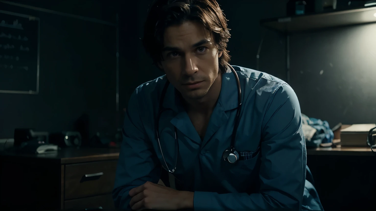 generate ultra realistic male doctor with sitting on the work table in the dark room looking in the camera and talking