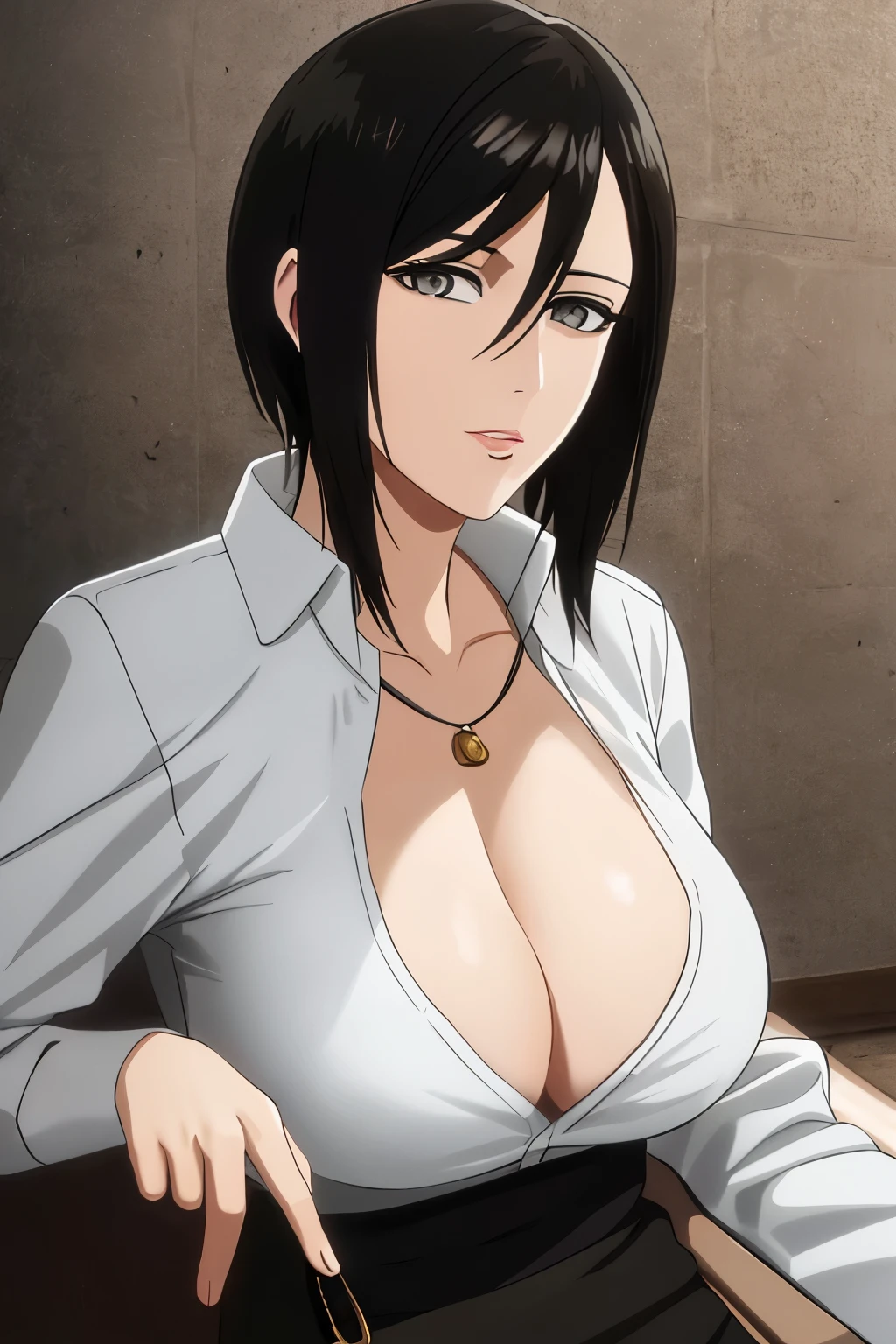 1girl, annie leonhart, (black hair:1.3), hair between eyes, short hair, sideburns, gray eyes, lips, cleavage, big breasts, close up, solo, lips, masterpiece, best quality,