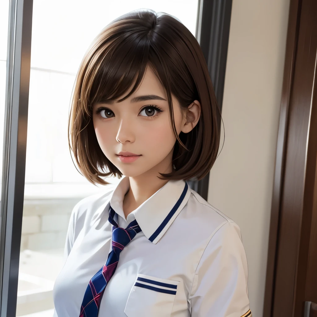 Girl, short brown hair, hazel eyes, nice features, white skin, school uniform, golden background