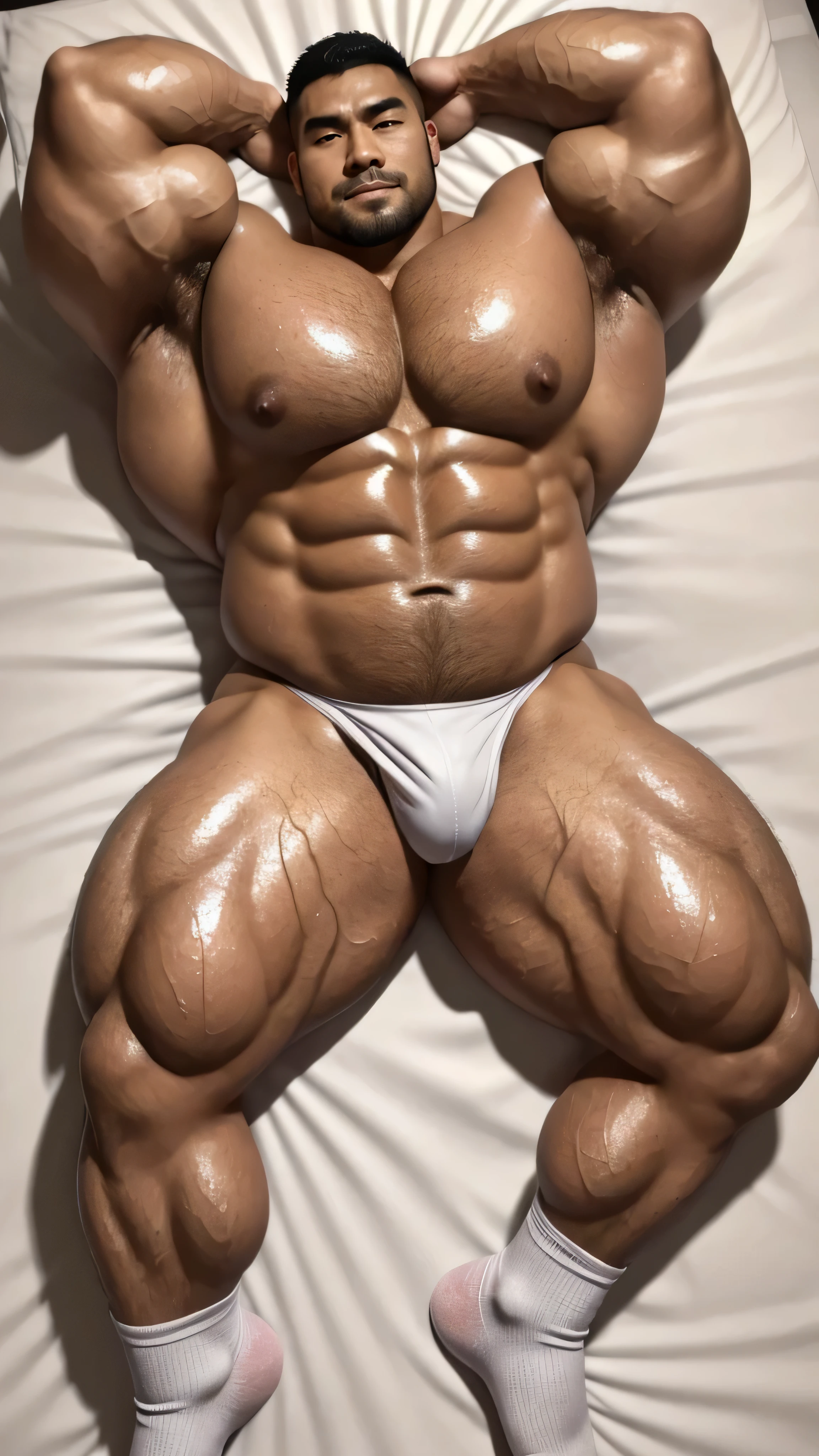 一位中国bodybuilding运动员，30 years old，High, bodybuilding，short hair, O-shaped beard，Perfect body, Dark and shiny complexion，Muscle bulge, muscular, Very big pecs，Very sexy abs，Leg muscles are very developed，Tall and handsome，Huge bumpy area，Brighten oily skin，Wearing a gold leather shiny thong,handsome face，Detailed facial features, Correct and accurate male anatomy, full-body shot, Large pecs, Wet oil wax gloss for oily muscles and skin，wear white socks，lying on gray sheets。