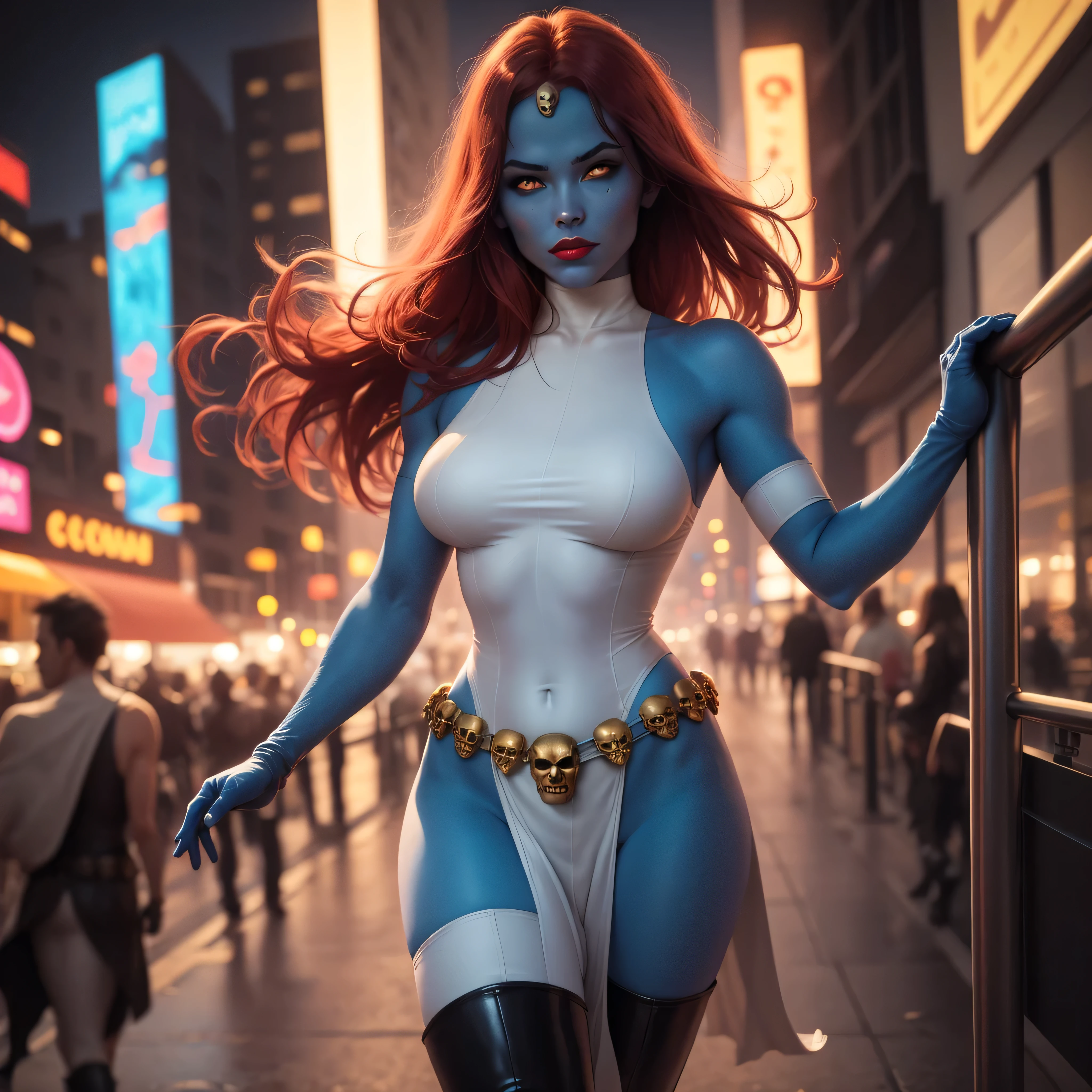 (masterpiece, best quality:1.2), mystique, 1girl, solo, gloves, elbow gloves, breasts, colored skin, red hair, white gloves, belt, yellow eyes, pelvic curtain, forehead jewel, skull, (((blue skin))), long hair, solid eyes, large breasts, thighhighs, boots, covered navel, lips, muscular, leotard, muscular female, bare shoulders, turtleneck, lipstick, thigh boots, thighs, colored sclera, no pupils, outdoors, looking at viewer, night, blurry, closed mouth, neon lights, railing, cowboy shot, city lights, city