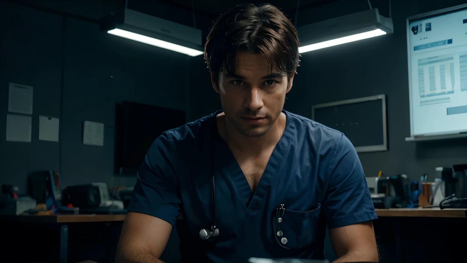 generate ultra realistic male doctor with sitting on the work table in the dark room looking in the camera and talking
