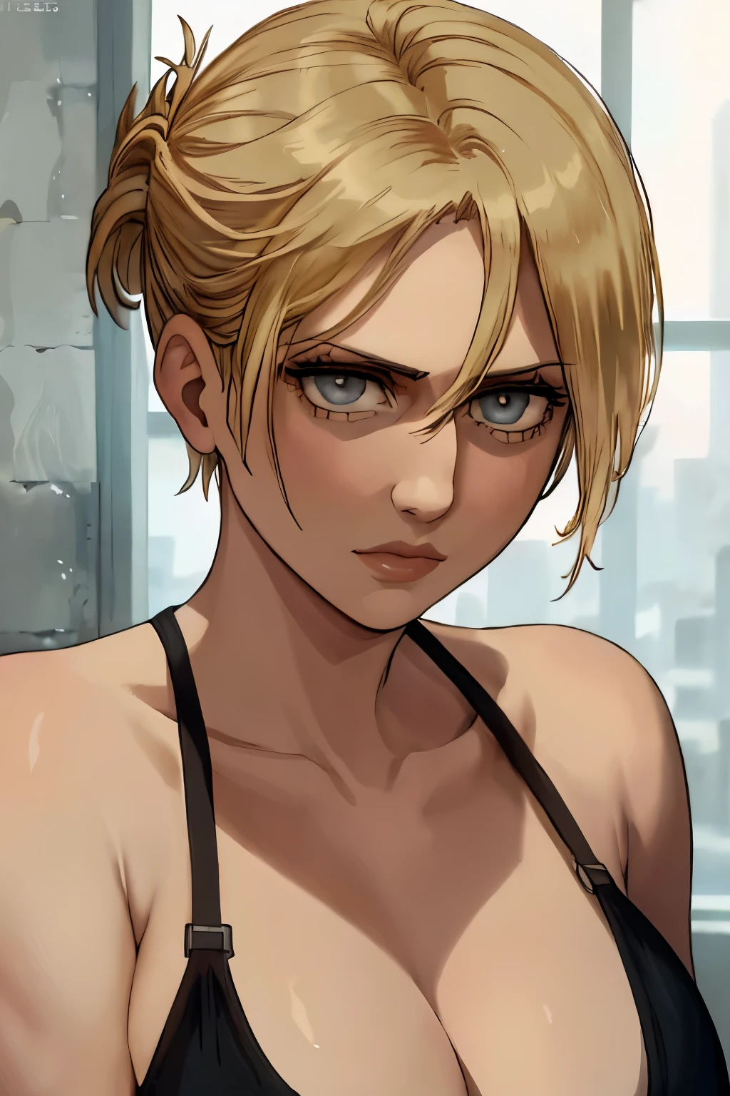 1girl, annie leonhart, (black hair:1.3), hair between eyes, short hair, sideburns, gray eyes, lips, cleavage, big breasts, close up, solo, lips, masterpiece, best quality,