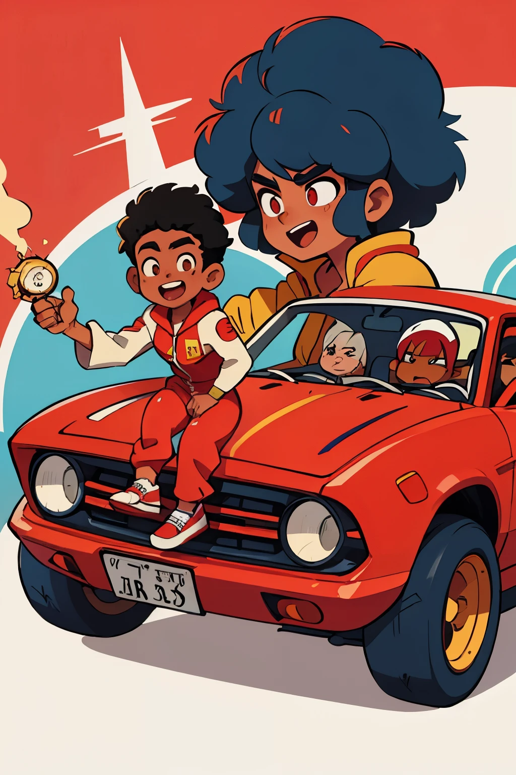 Speed racer, African American, male, big Afro, driving the mach 5, car white and red, M on the hood of car, gold chain, red white and blue jumpsuit, jordan shoes on