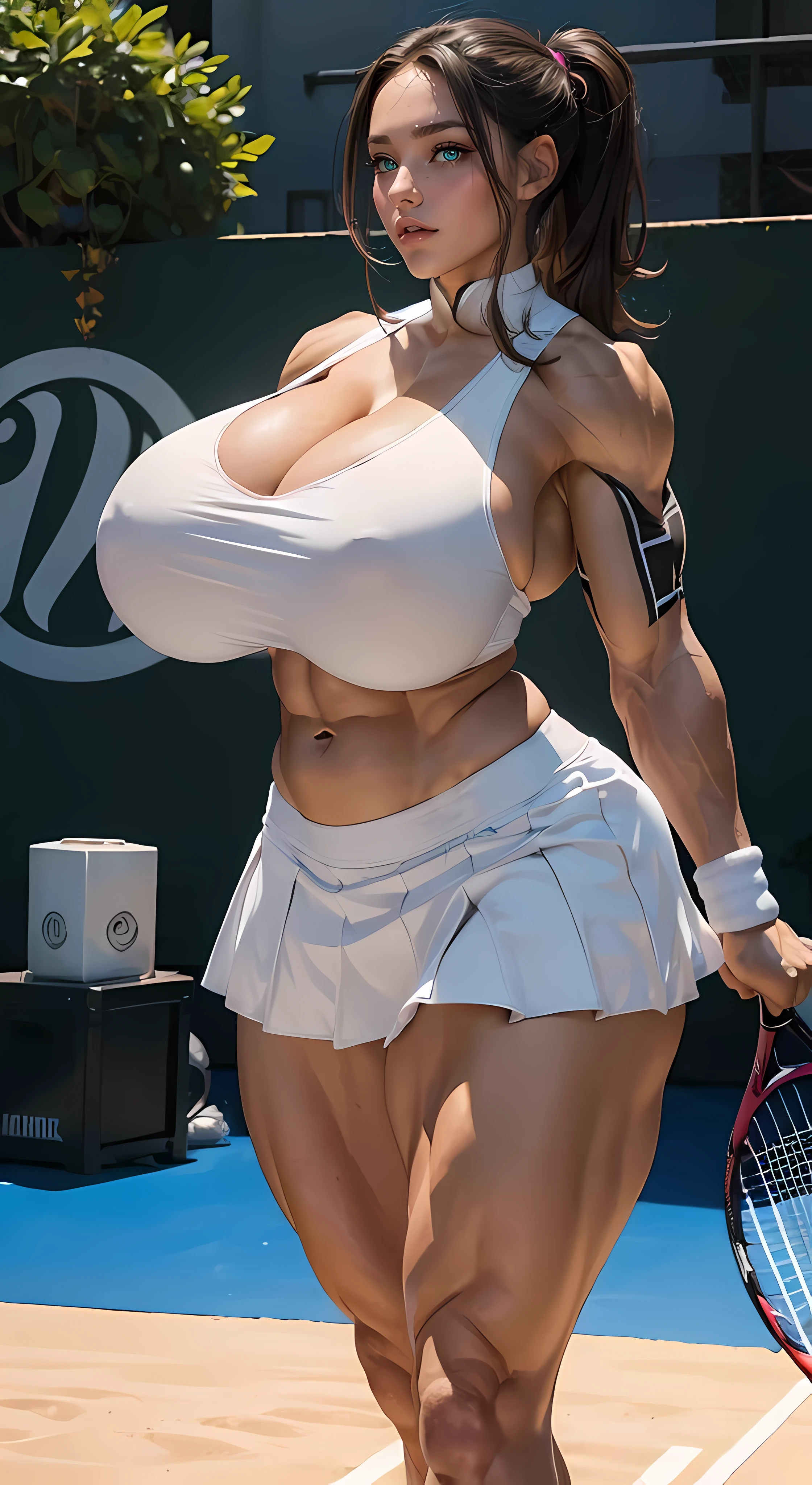 (((((Massive Female Bodybuilder))))), high quality, masterpiece, (photographrealistic:1.4), 8K, big chest, Seductive Anime woman, oppai proportions, Photorealistic, perfect body, Voluptuous body, curvy body, Naughty anime style, plump, Erotic cartoon style body, Married woman's big ass, Married woman atmosphere, mamma size, (gigantic breasts:1.8), colossal breasts, (smile), aroused, (muscular:1.2), doroppy breasts, thick muscular quadriceps, clavege, ((tennis player)), 37-year-old, (white tennis uniform), micro skirt,