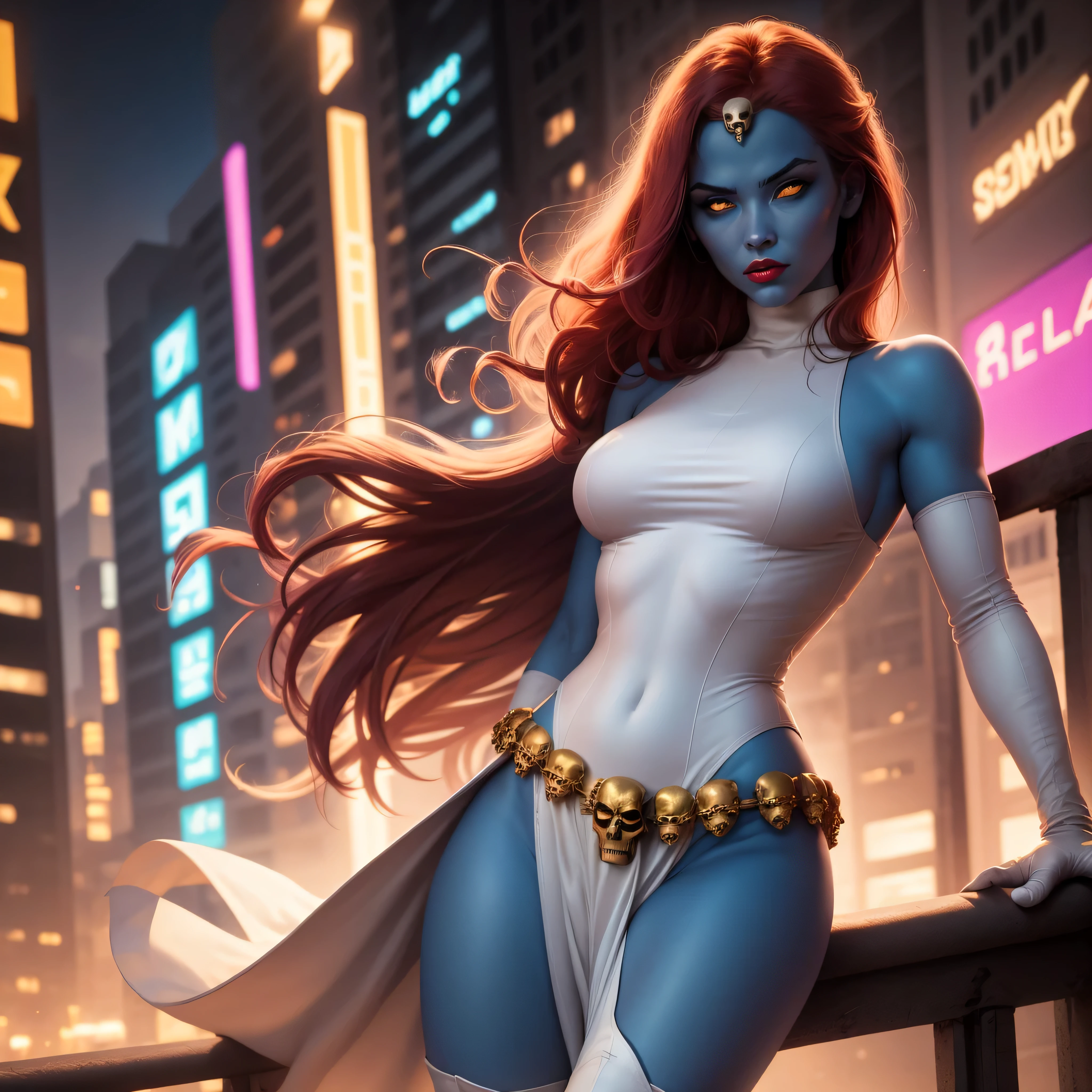 (masterpiece, best quality:1.2),  mystique, 1girl, solo, gloves, elbow gloves, breasts, colored skin, red hair, white gloves, belt, yellow eyes, pelvic curtain, forehead jewel, skull, (((blue skin))), long hair, solid eyes, large breasts, thighhighs, boots, covered navel, lips, muscular, leotard, muscular female, bare shoulders, turtleneck, lipstick, thigh boots, thighs, colored sclera, no pupils, outdoors, looking at viewer, night, blurry, closed mouth, neon lights, railing, cowboy shot, city lights, city