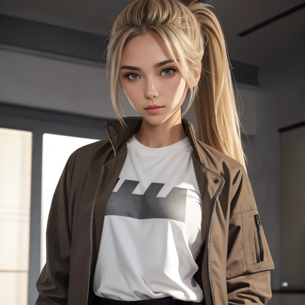 Girl, long brown-blonde hair, gray eyes, sharp features, white skin, ponytail, T-shirt, jacket and pants.
