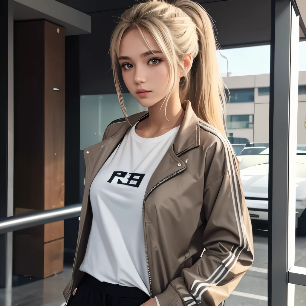Girl, long brown-blonde hair, gray eyes, sharp features, white skin, ponytail, T-shirt, jacket and pants.