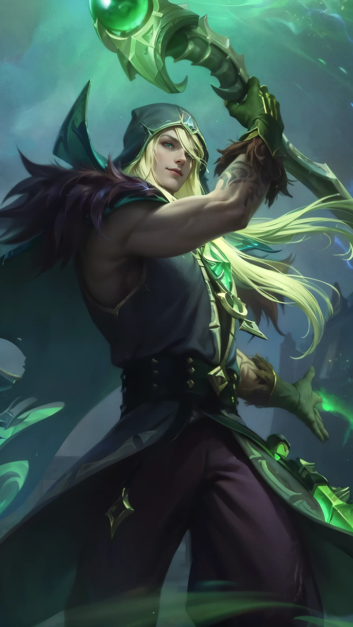 Best quality, masterpiece, detailed skin texture, detailed clothes texture, detailed face, super detail, 8k, intricate detail, 1 boy, The color doesn't change, Muscle guy, 1 guy, green eyes, a close up of a person holding a sword in a field, amazing portrait of viego, inspired by Huang Shen, inspired by Shen Zhou, astri lohne, karthus from league of legends, stanley artgerm lau, 8 k hd wallpaperjpeg artifact, 8k hd wallpaperjpeg artifact, league of legends character art, a blonde emerald warrior, smile