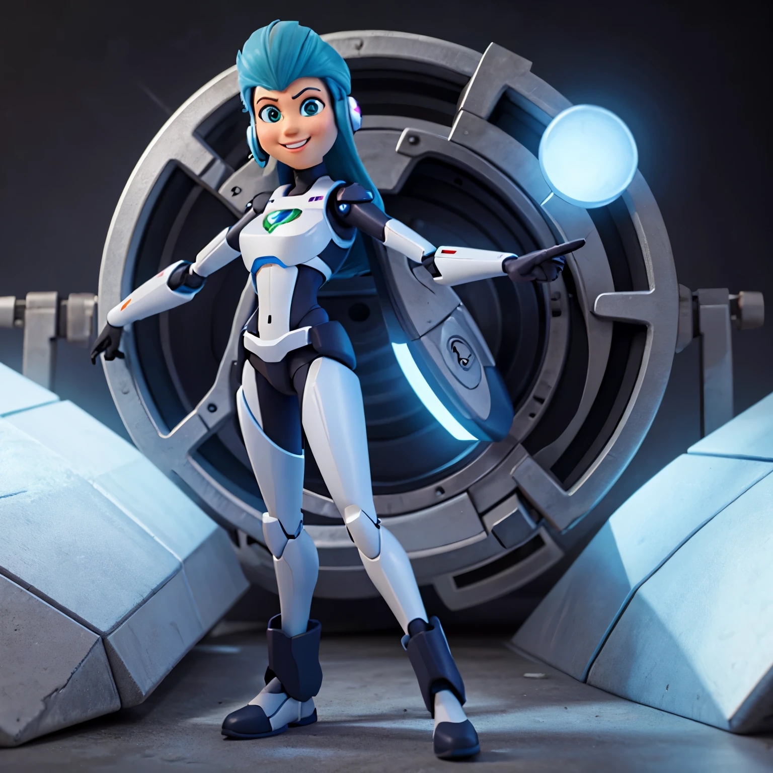 futuristic robot smiling realistic pixar cartton style pointing to the side, sem background, para chroma key