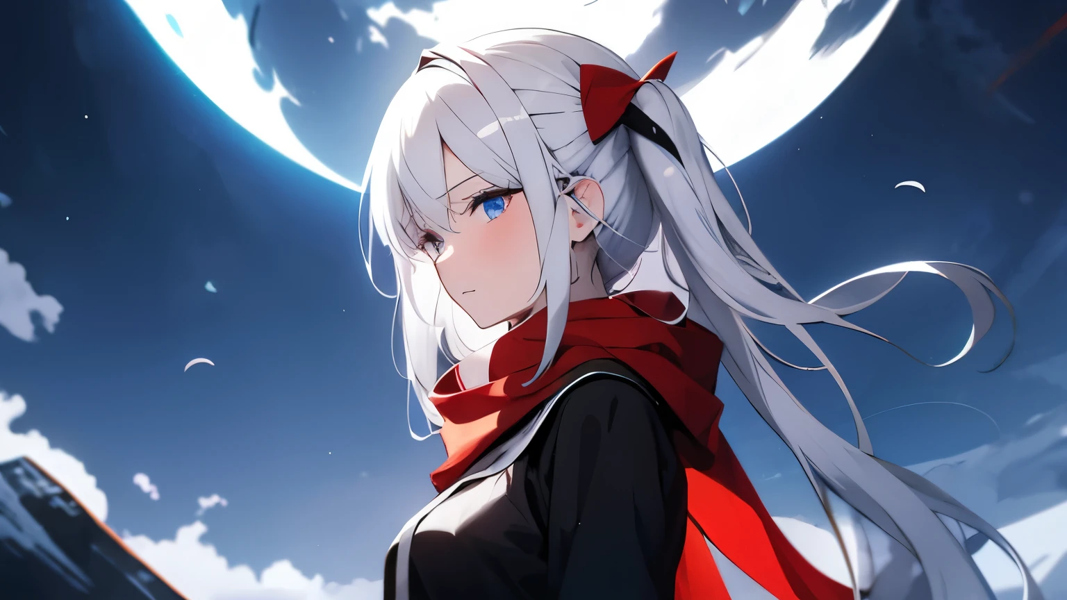 a girl with a white hair, blue eyes, and black and red outfit and in a white background, (1girl:0.872), (white hair:0.758), (blurry:0.926), (blurry background:0.703), (blue eyes:0.562), (depth of field:0.625), (twintail hair:0.855), (outdoors:0.541), (red scarf:0.989), (Aurora sky:0.925), (solo:0.886), (upper body:0.683)