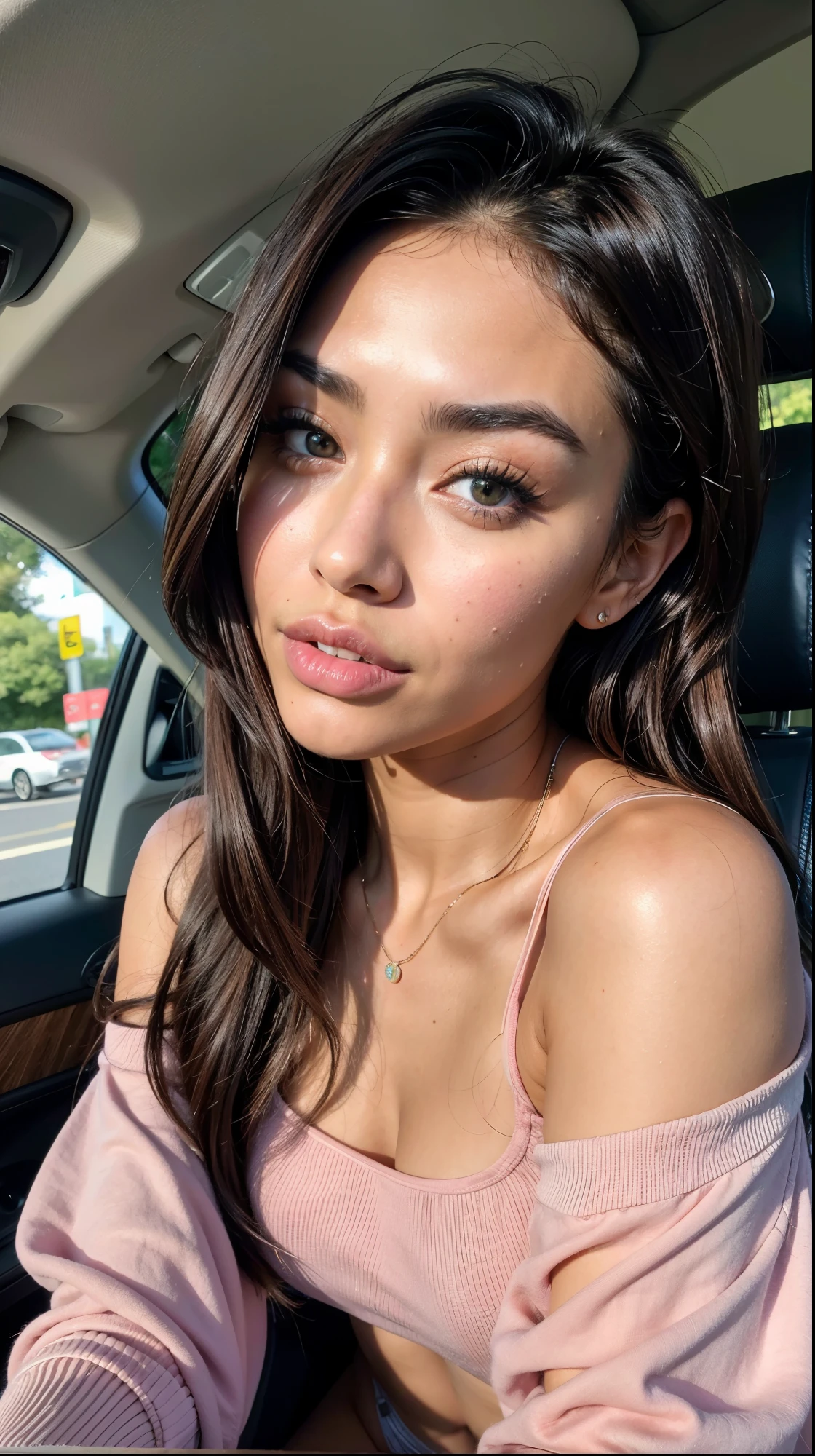 hyper-realistic iphone front camera selfie of a 28 years old female human being, tanned and beautiful Japanese woman, dark hair, influencer, tanned, dark eyes, no make up, fitness body shape, sitting in a car, madison beer, madison beer girl portrait, instagram model,