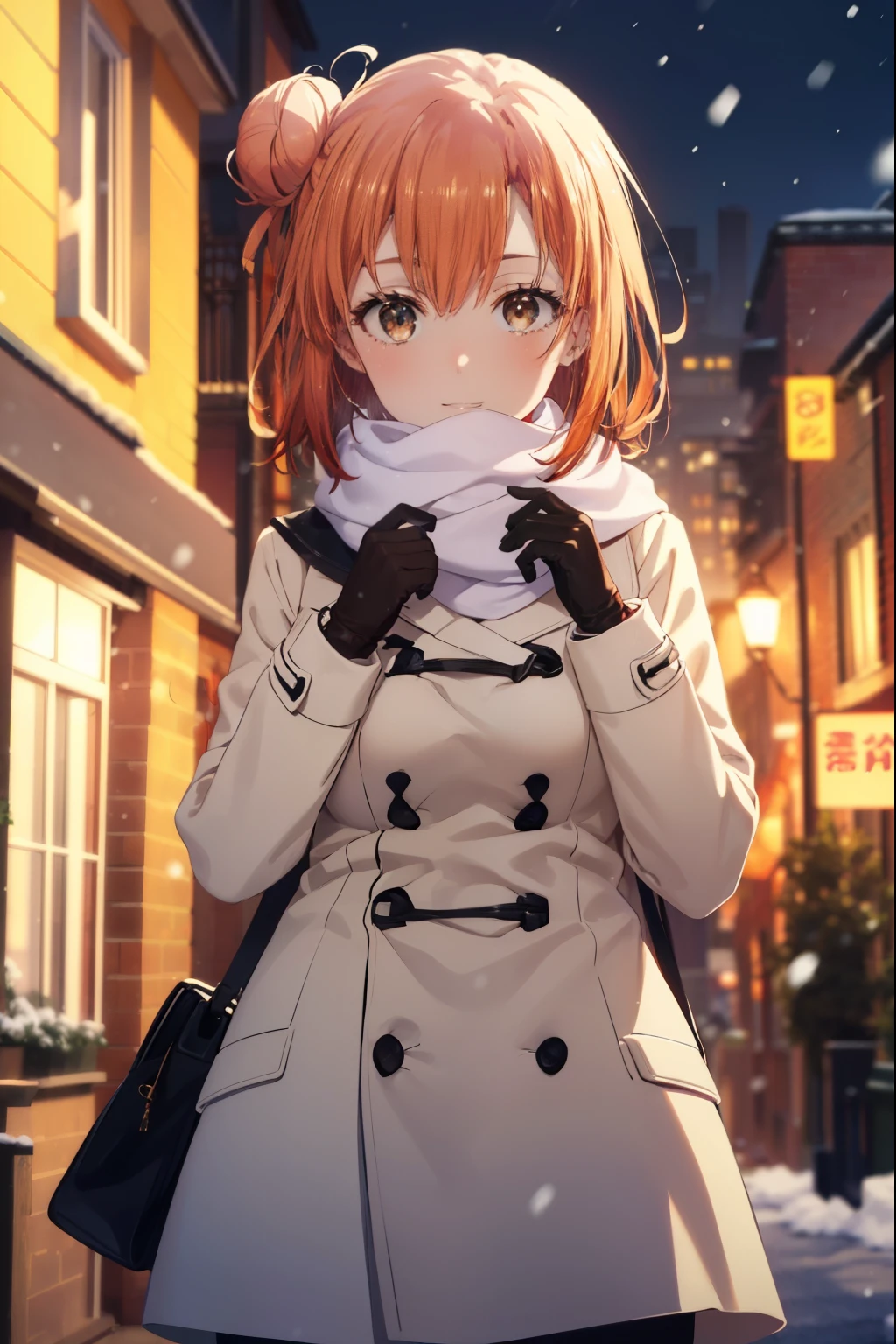 yuiyuigahama, yui yuigahama, long hair, (brown eyes:1.5), (orange hair:1.2), bun hair, single bun hair, smile, (big breasts:1.2),pink long coat　There is an open front,red muffler,white sweater,long skirt,Mini Boots,Chunky gloves,It&#39;s snowing,snow is falling,winter,cold sky,
break outdoors,In town ,building street,
break looking at viewer, (cowboy shot:1.5),
break (masterpiece:1.2), highest quality, High resolution, unity 8k wallpaper, (figure:0.8), (detailed and beautiful eyes:1.6), highly detailed face, perfect lighting, Very detailed CG, (perfect hands, perfect anatomy),