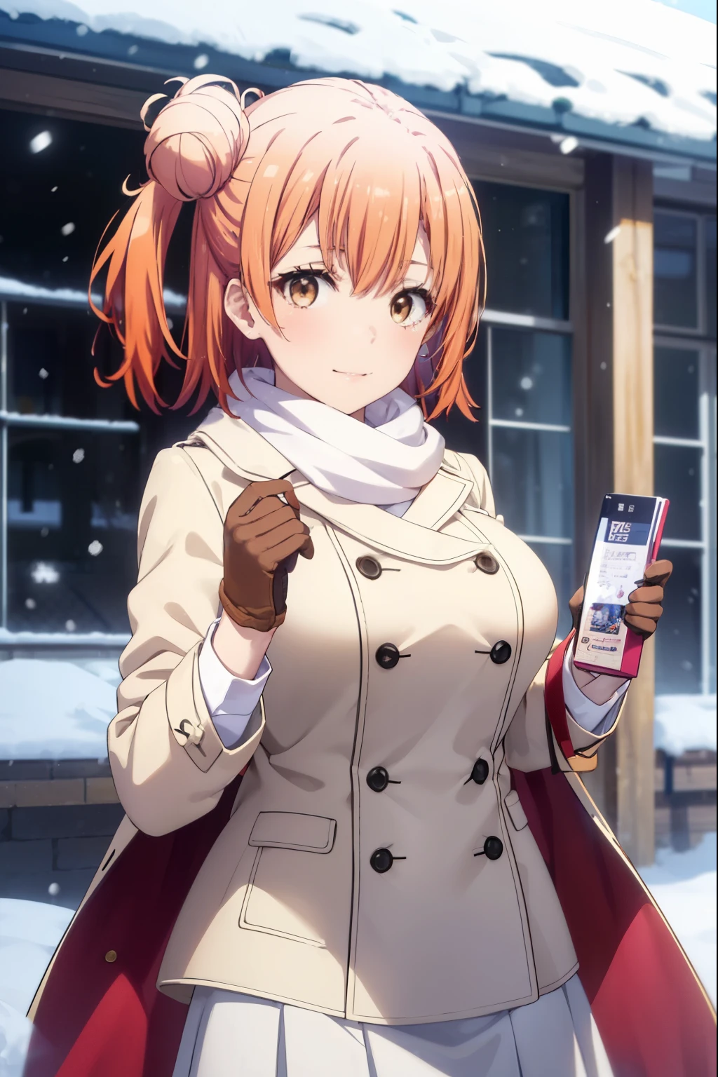 yuiyuigahama, yui yuigahama, long hair, (brown eyes:1.5), (orange hair:1.2), bun hair, single bun hair, smile, (big breasts:1.2),pink long coat　There is an open front,red muffler,white sweater,long skirt,Mini Boots,Chunky gloves,It&#39;s snowing,snow is falling,winter,cold sky,
break outdoors,In town ,building street,
break looking at viewer, (cowboy shot:1.5),
break (masterpiece:1.2), highest quality, High resolution, unity 8k wallpaper, (figure:0.8), (detailed and beautiful eyes:1.6), highly detailed face, perfect lighting, Very detailed CG, (perfect hands, perfect anatomy),