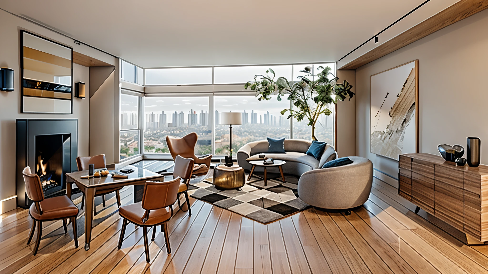 real photography,Super high-rise modern living room,Large floor-to-ceiling windows,tall building exterior,wooden floor,carpet,smallpox,Super real,Ultra-detailed,photography works,hyper-realistic,8K,HD