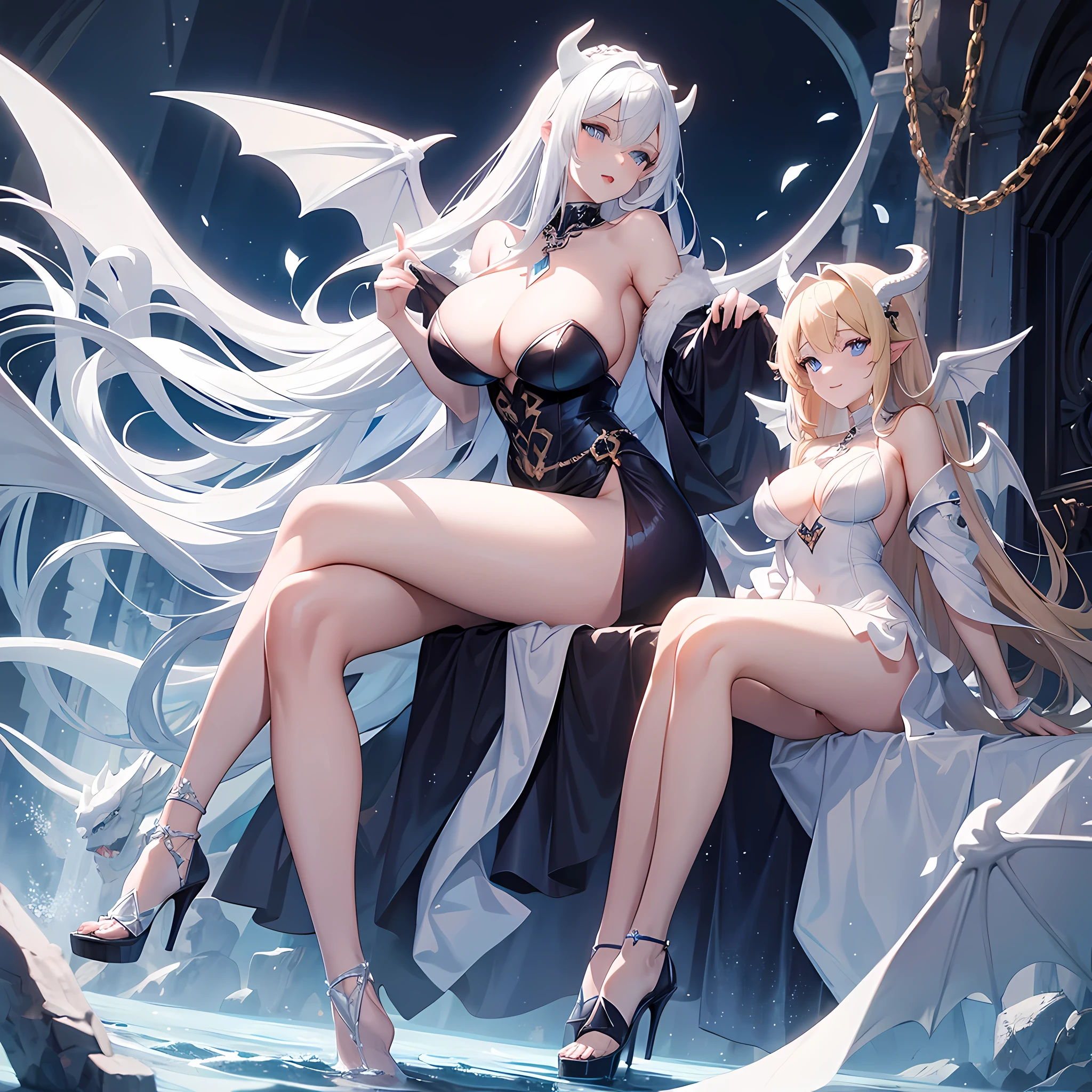 Sexy woman, huge breasts, (white dragon horns), (white dragon wings, white dragon tail 1.2), looking at viewer, seductive dress, blonde hair, wavy hair, blue eyes, full body, high res, ultrasharp, 8K, masterpiece, female, diamond necklace,chain whip, blue navy long sexy dress, high heels, Small island style,happy expression, beautiful face, Full body