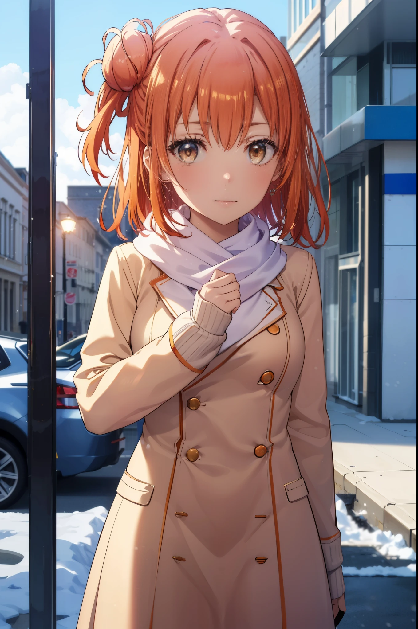 yuiyuigahama, yui yuigahama, long hair, (brown eyes:1.5), (orange hair:1.2), bun hair, single bun hair, smile, (big breasts:1.2),pink long coat　There is an open front,red muffler,white sweater,long skirt,Mini Boots,Chunky gloves,It&#39;s snowing,snow is falling,winter,cold sky,
break outdoors,In town ,building street,
break looking at viewer, (cowboy shot:1.5),
break (masterpiece:1.2), highest quality, High resolution, unity 8k wallpaper, (figure:0.8), (detailed and beautiful eyes:1.6), highly detailed face, perfect lighting, Very detailed CG, (perfect hands, perfect anatomy),