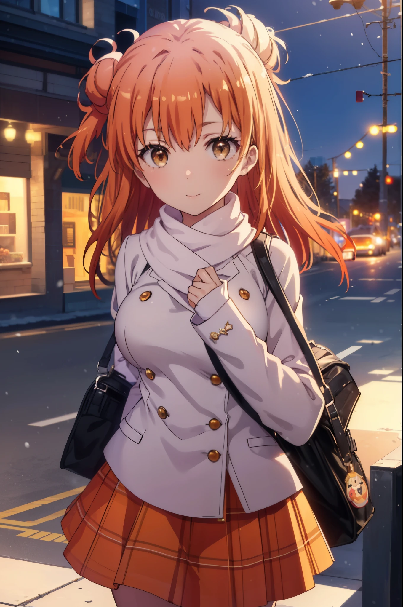 yuiyuigahama, yui yuigahama, long hair, (brown eyes:1.5), (orange hair:1.2), bun hair, single bun hair, smile, (big breasts:1.2),pink long coat　There is an open front,red muffler,white sweater,long skirt,Mini Boots,Chunky gloves,It&#39;s snowing,snow is falling,winter,cold sky,
break outdoors,In town ,building street,
break looking at viewer, (cowboy shot:1.5),
break (masterpiece:1.2), highest quality, High resolution, unity 8k wallpaper, (figure:0.8), (detailed and beautiful eyes:1.6), highly detailed face, perfect lighting, Very detailed CG, (perfect hands, perfect anatomy),