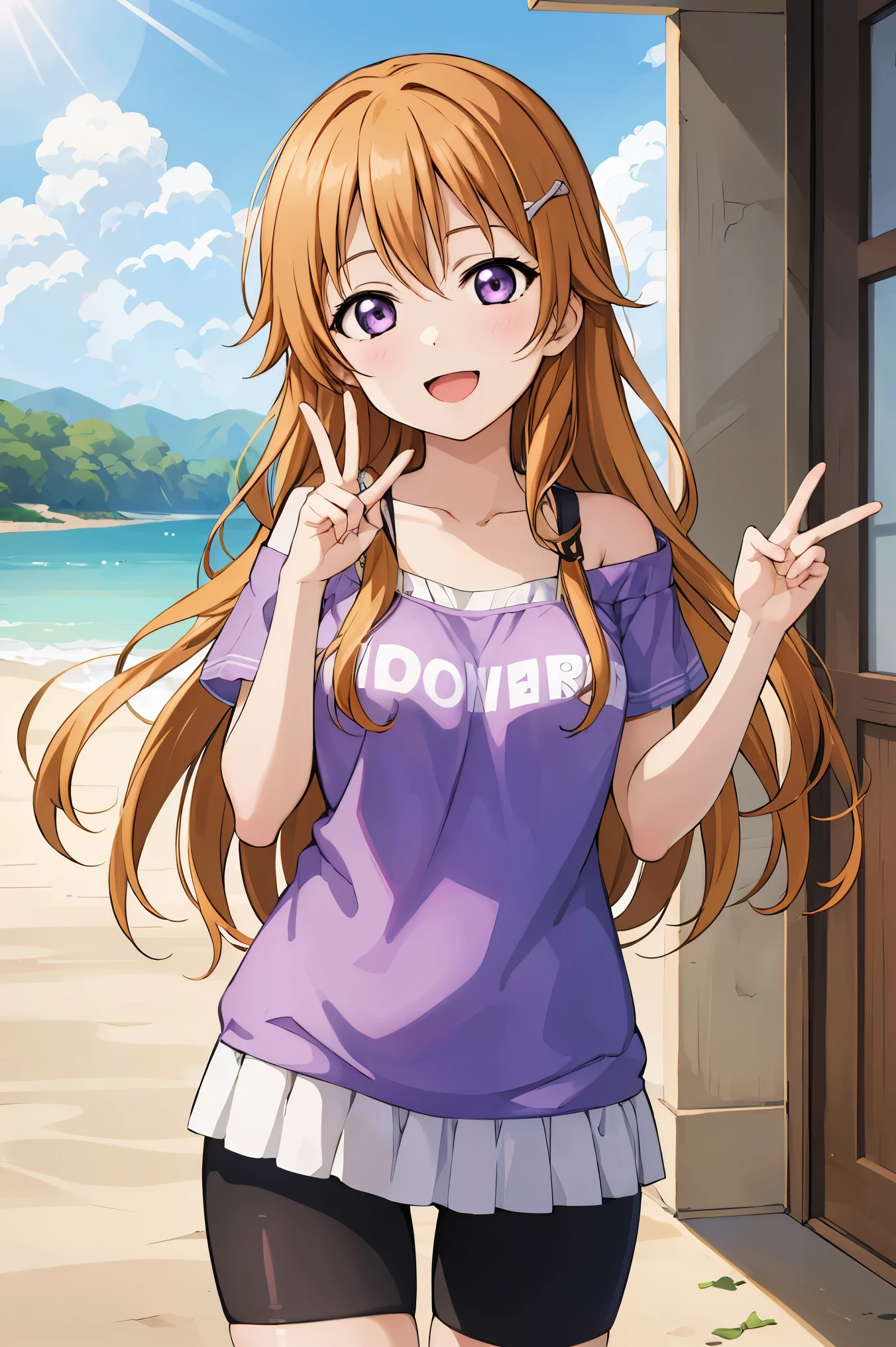 (best quality, masterpiece:1.2), (1girl, solo:1.2), cute, smile,  detailed background, (looking at viewer, solo focus:1.2), light on face, sky, blue sky, cowboy shot, sunlight, lens flare, depth of field, scenery, open mouth,
Kanata konoe, long hair, purple eyes, blonde hair, straight hair, off shoulder, purple shirt, short sleeves, bike shorts, standing, two peace sign, solo focus, sex, pov missionary, 