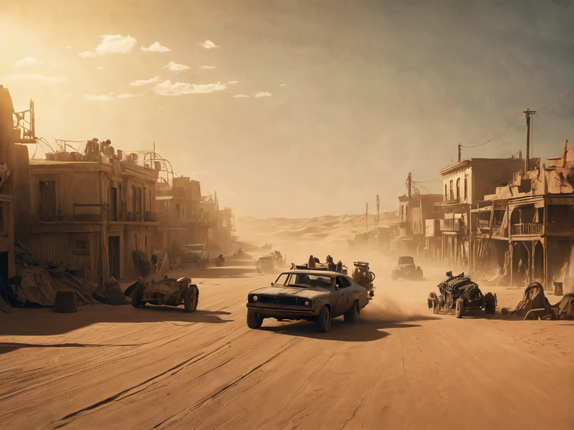 Panoramic Photo of the filming process of the street scene of the movie Mad Max: Fury Road. ultra-rendered, perfect composition, intricate detail, octane render, 8K resolution, photorealistic, soft volumetric cinematic lighting, chiaroscuro effect .Best quality,4k,8k,High resolution,masterpiece:1.2,ultra detailed,realistic,photorealistic:1. 37,spectacular lighting,soft focus,high contrast,sandy texture,long shadows,gloomy film,emotional intensity,,expressionist,cinematic atmosphere,, Deep depth of field,,spectacular composition,iconic shots,storytelling through visual effects,character-based narrative,mysterious atmosphere,artistic film style,rich tonal range,