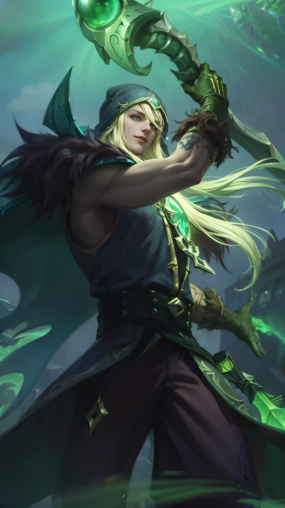 Best quality, masterpiece, detailed skin texture, detailed clothes texture, detailed face, super detail, 8k, intricate detail, 1 boy, The color doesn't change, Muscle guy, 1 guy, green eyes, a close up of a person holding a sword in a field, amazing portrait of viego, inspired by Huang Shen, inspired by Shen Zhou, astri lohne, karthus from league of legends, stanley artgerm lau, 8 k hd wallpaperjpeg artifact, 8k hd wallpaperjpeg artifact, league of legends character art, a blonde emerald warrior, smile