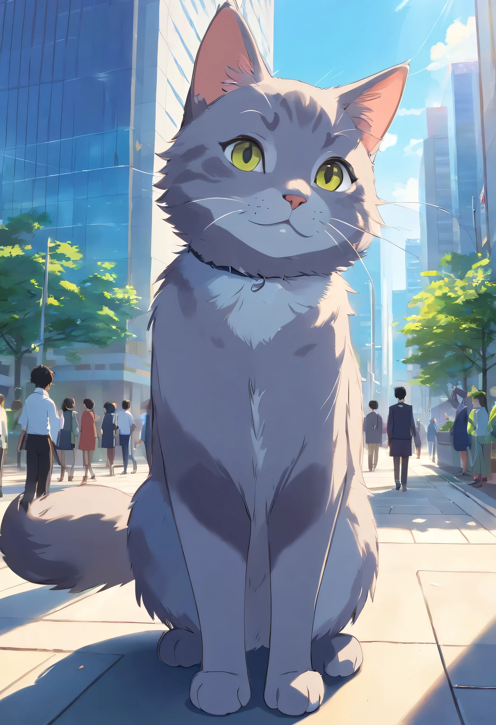 gray cat looking at me、The background is an office district、Clear skies at noon、smile brightly