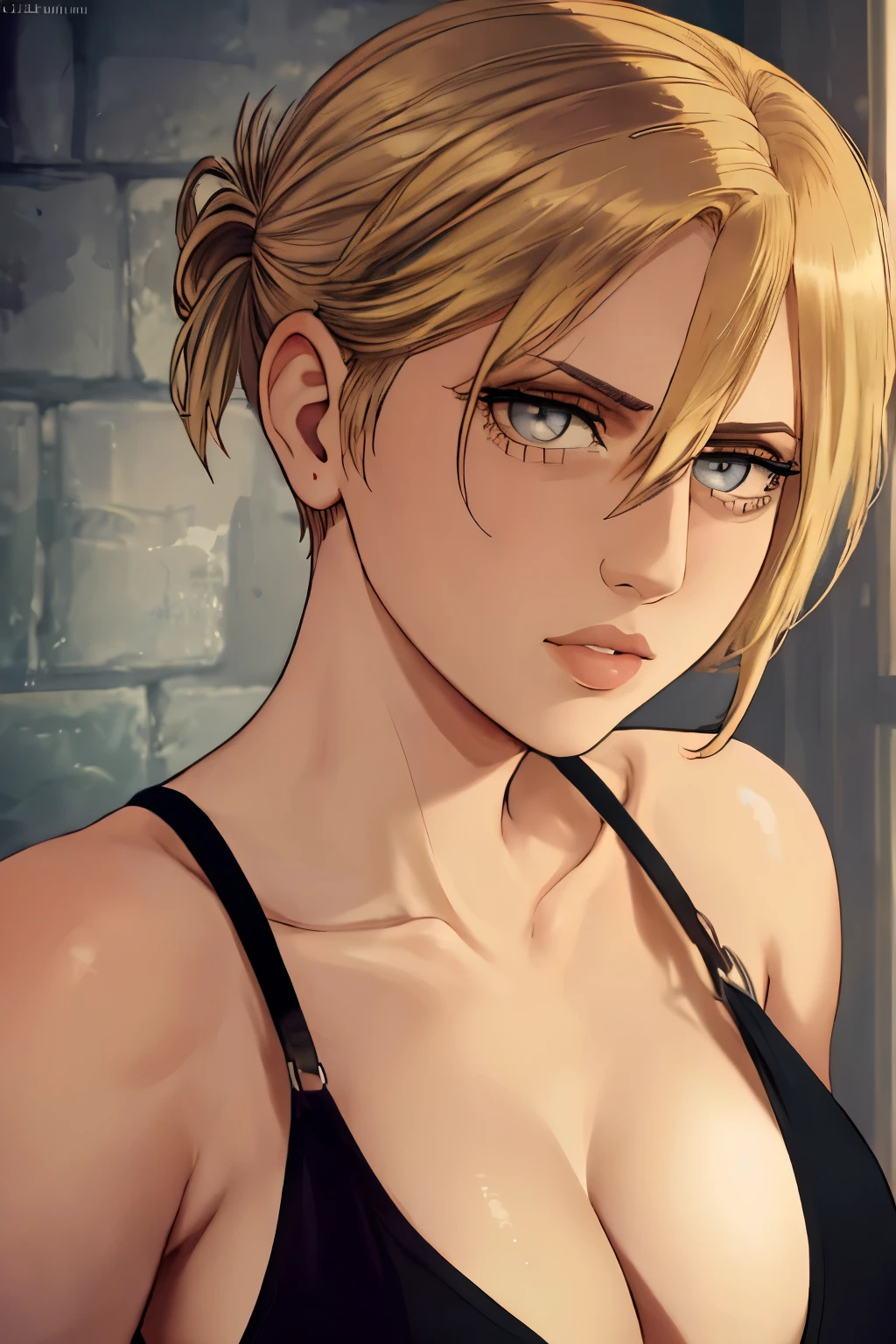 1girl, annie leonhart, (black hair:1.3), hair between eyes, short hair, sideburns, gray eyes, lips, cleavage, big breasts, close up, solo, lips, masterpiece, best quality,