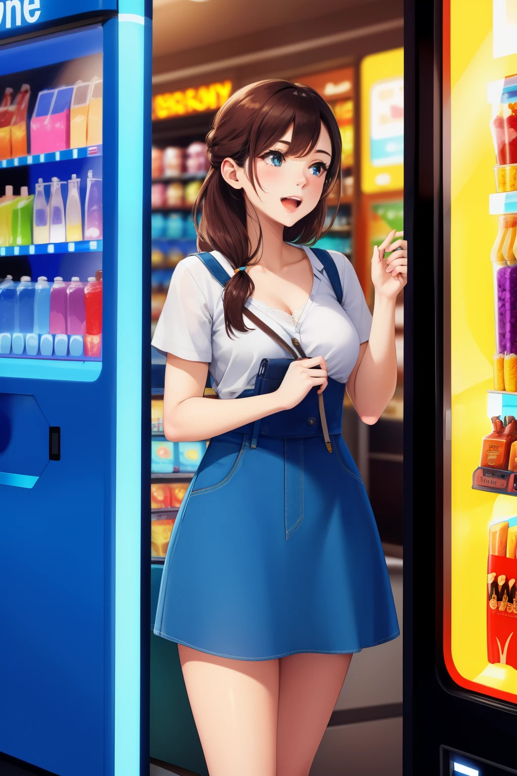 Create a photo of a beautiful woman communicating in a vending machine