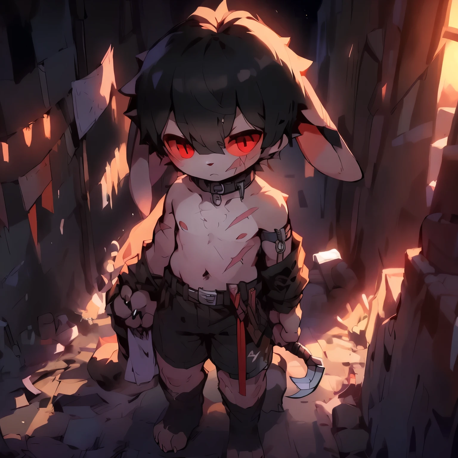 best quality，masterpiece，((the only person))，((my own))，hairy，Kanno，shorts，sock，belt，leg rings，(short)，（**********)，((straight ear))，((black hair，no ears，Rabbit facial features，Rabbit physical characteristics))，red eyes，Shota，juvenile（rabbit tail），so cute，kawaii，Moon Ibrahimovic，Umbreon，（Rabbit feet），alley，sickle，dagger，scar，Covered in bruises，paw，Upholstered，hand weapon，collar